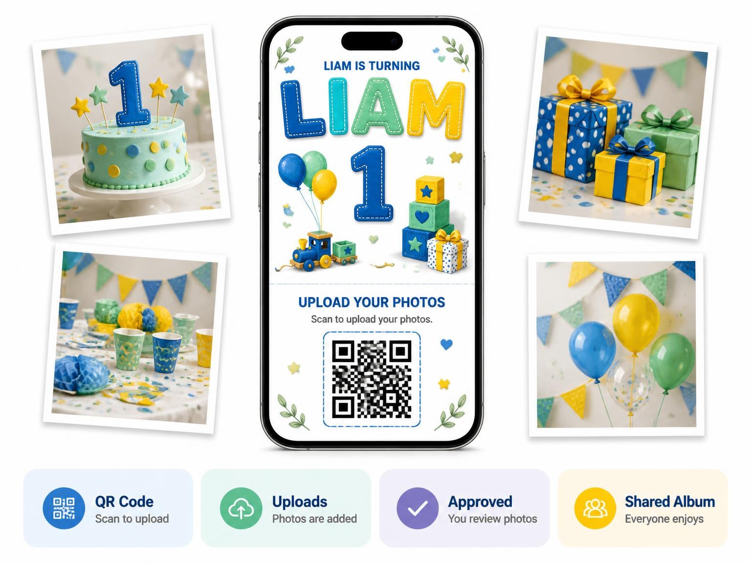 The shared photo gallery that comes with the Blue Teddy Bear and Train 1st Birthday Invitation invitation