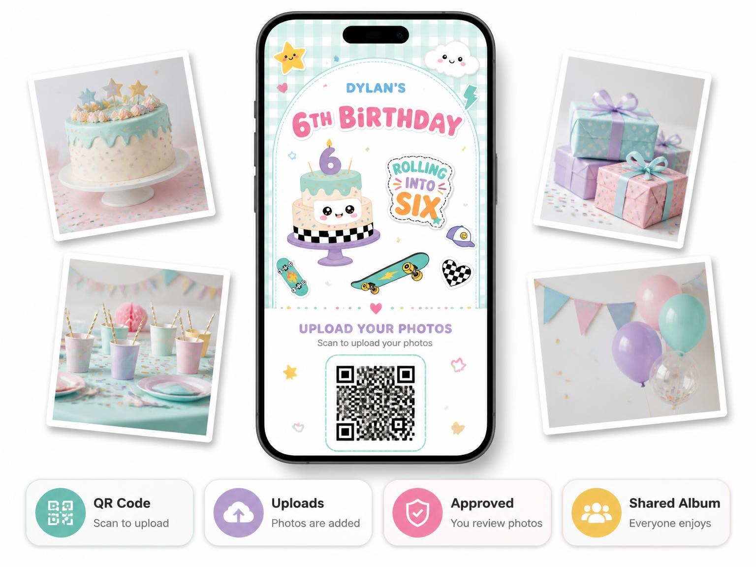 The shared photo gallery that comes with the Kawaii Skateboard 6th Birthday Invitation invitation