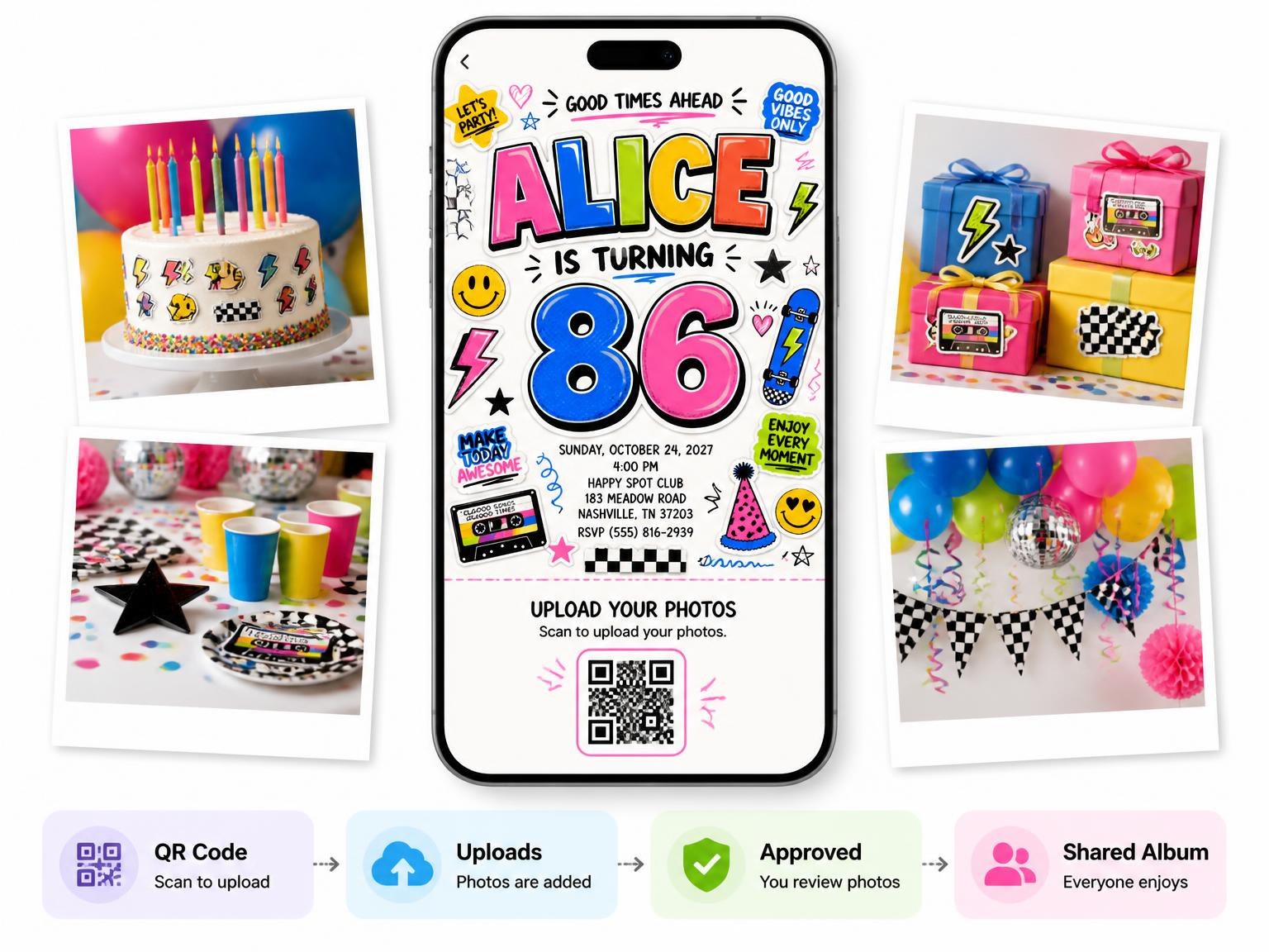 The shared photo gallery that comes with the Sticker Pop 86th Birthday Invitation invitation
