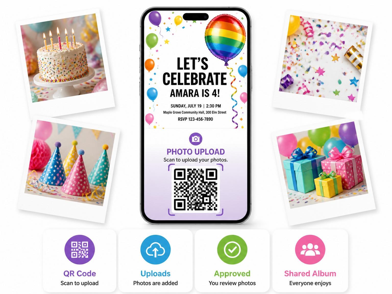 The shared photo gallery that comes with the Rainbow Balloon Border 4th Birthday Invitation invitation
