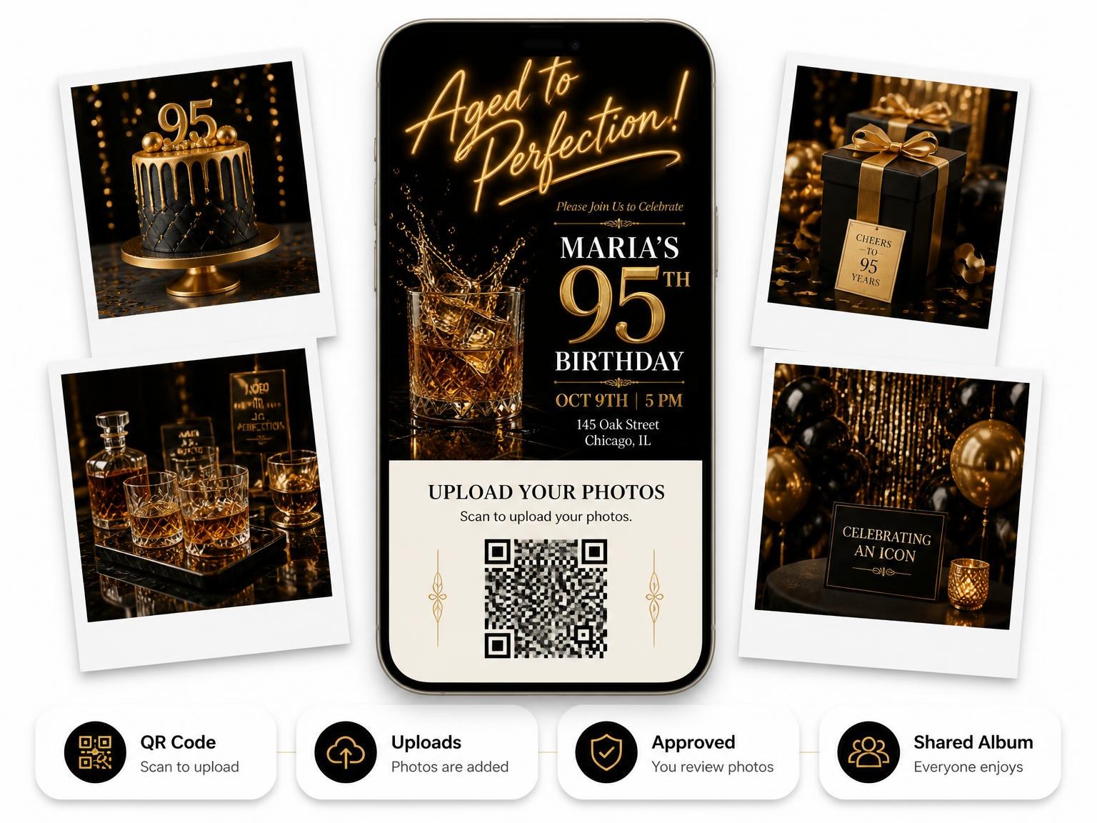 The shared photo gallery that comes with the Whiskey Glass 95th Birthday Invitation invitation