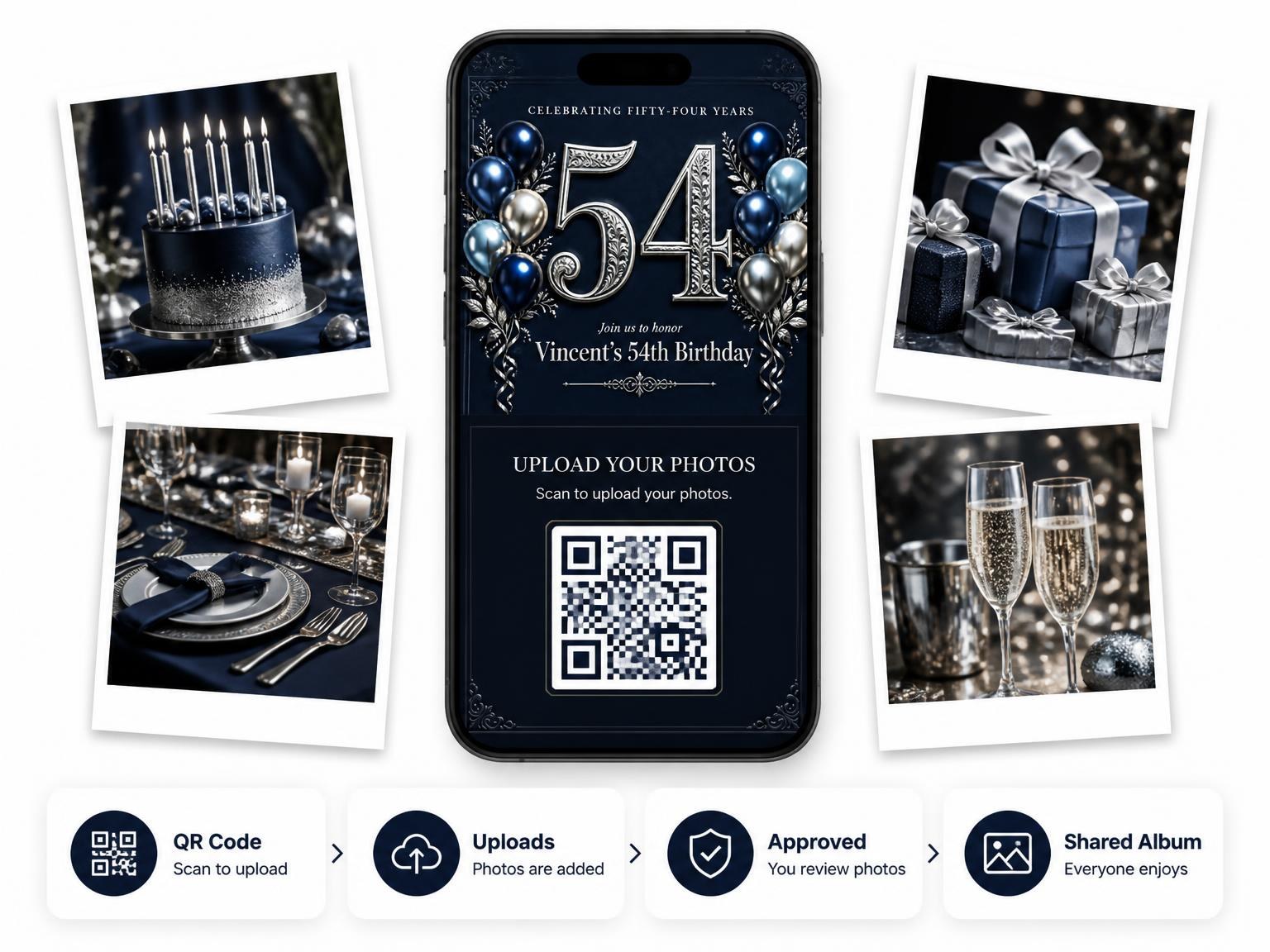 The shared photo gallery that comes with the Navy and Silver 54th Birthday Invitation invitation
