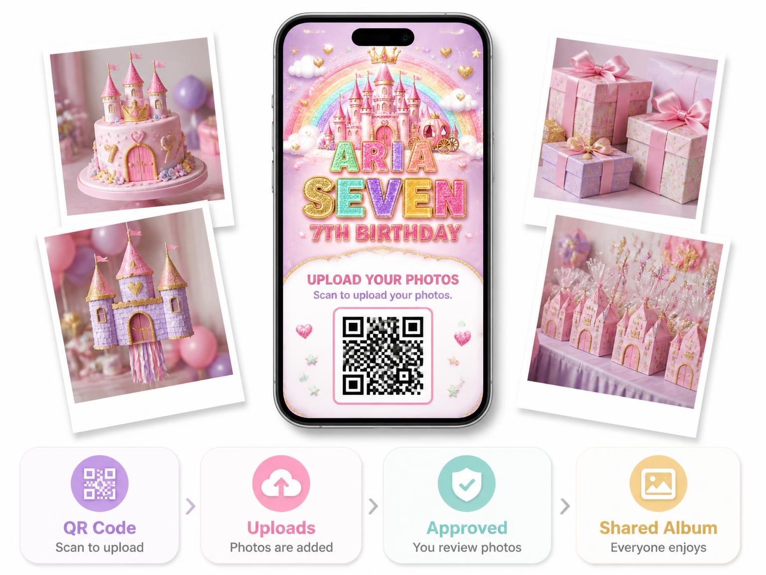 The shared photo gallery that comes with the Glitter Princess Castle 7th Birthday Invitation invitation