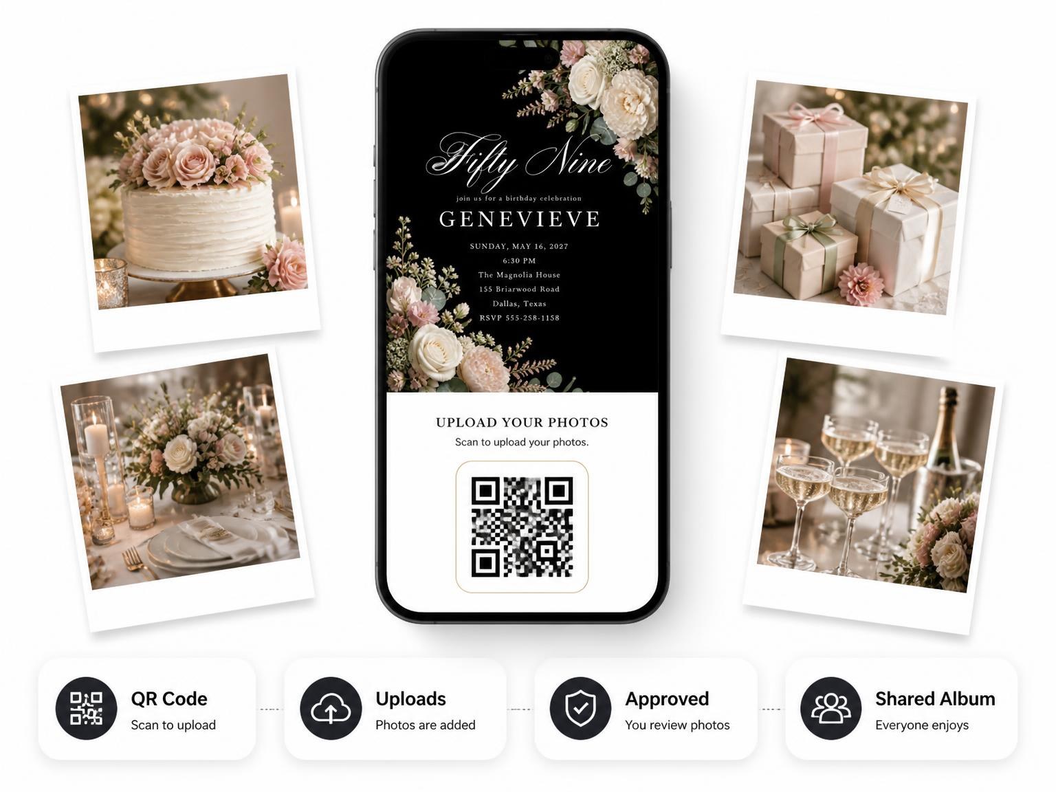 The shared photo gallery that comes with the Black Floral 59th Birthday Invitation invitation