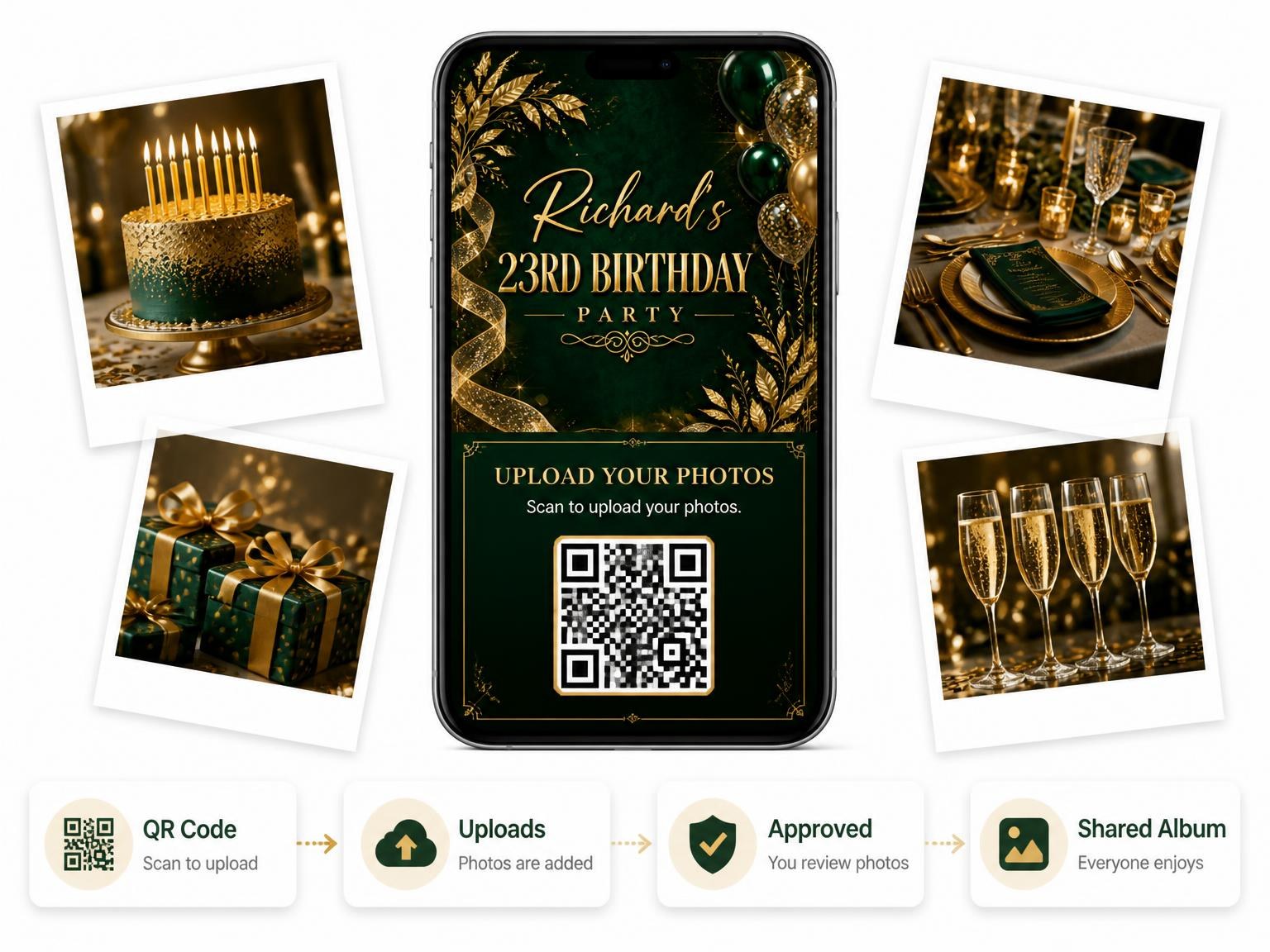 The shared photo gallery that comes with the Emerald and Champagne 23rd Birthday Invitation invitation