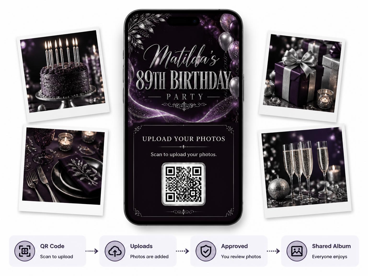 The shared photo gallery that comes with the Plum and Silver 89th Birthday Invitation invitation