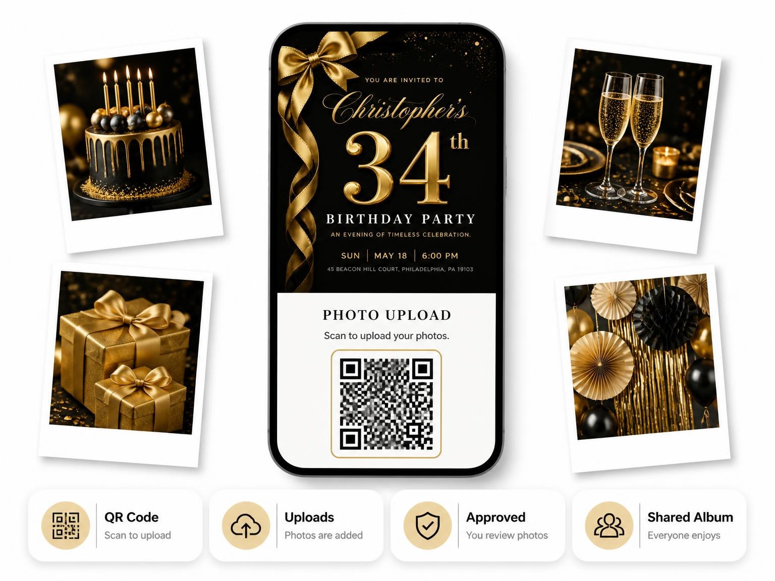 The shared photo gallery that comes with the Black and Gold Ribbon 34th Birthday Invitation invitation