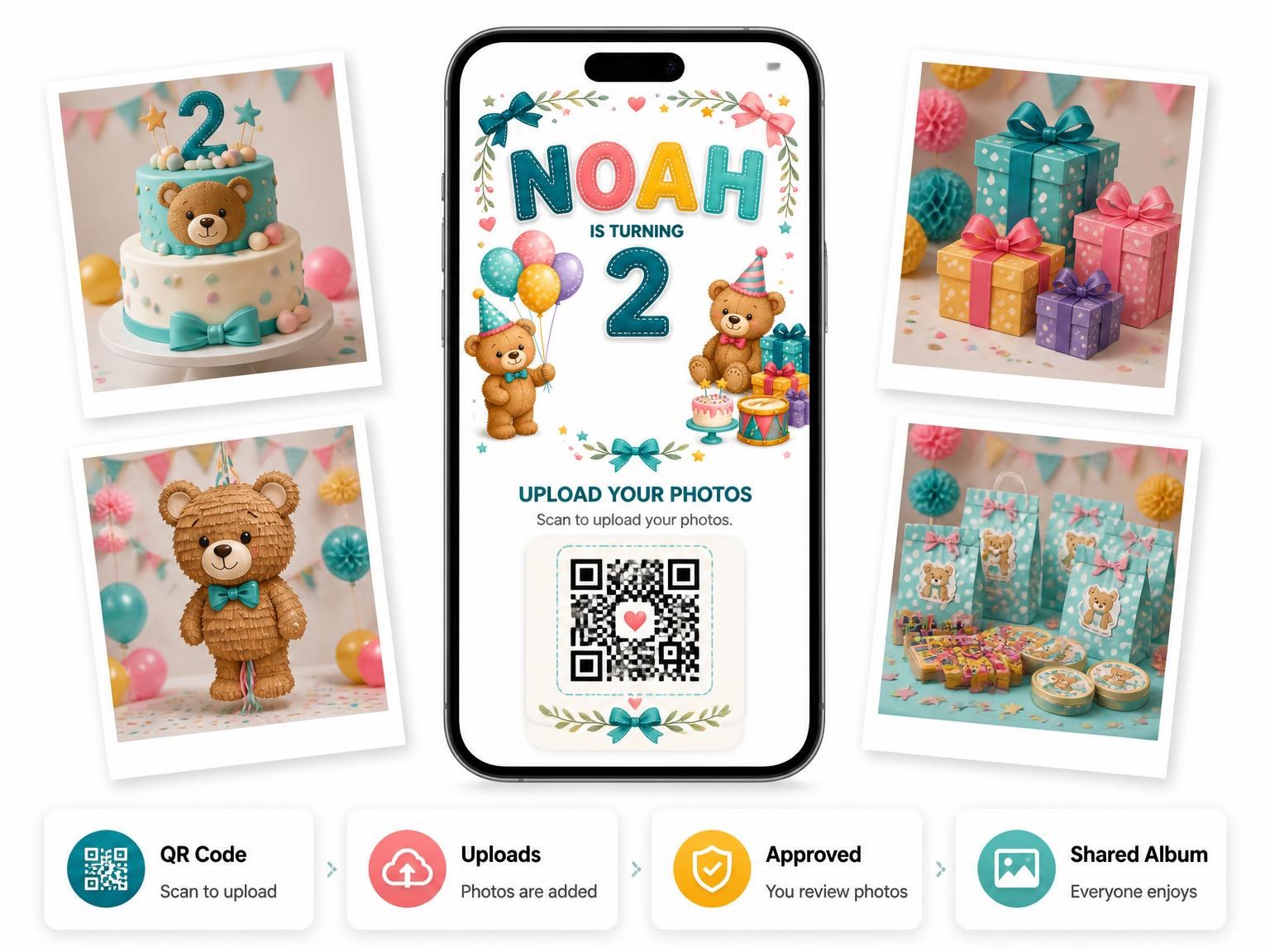 The shared photo gallery that comes with the Stitched Teddy Bear 2nd Birthday Invitation invitation