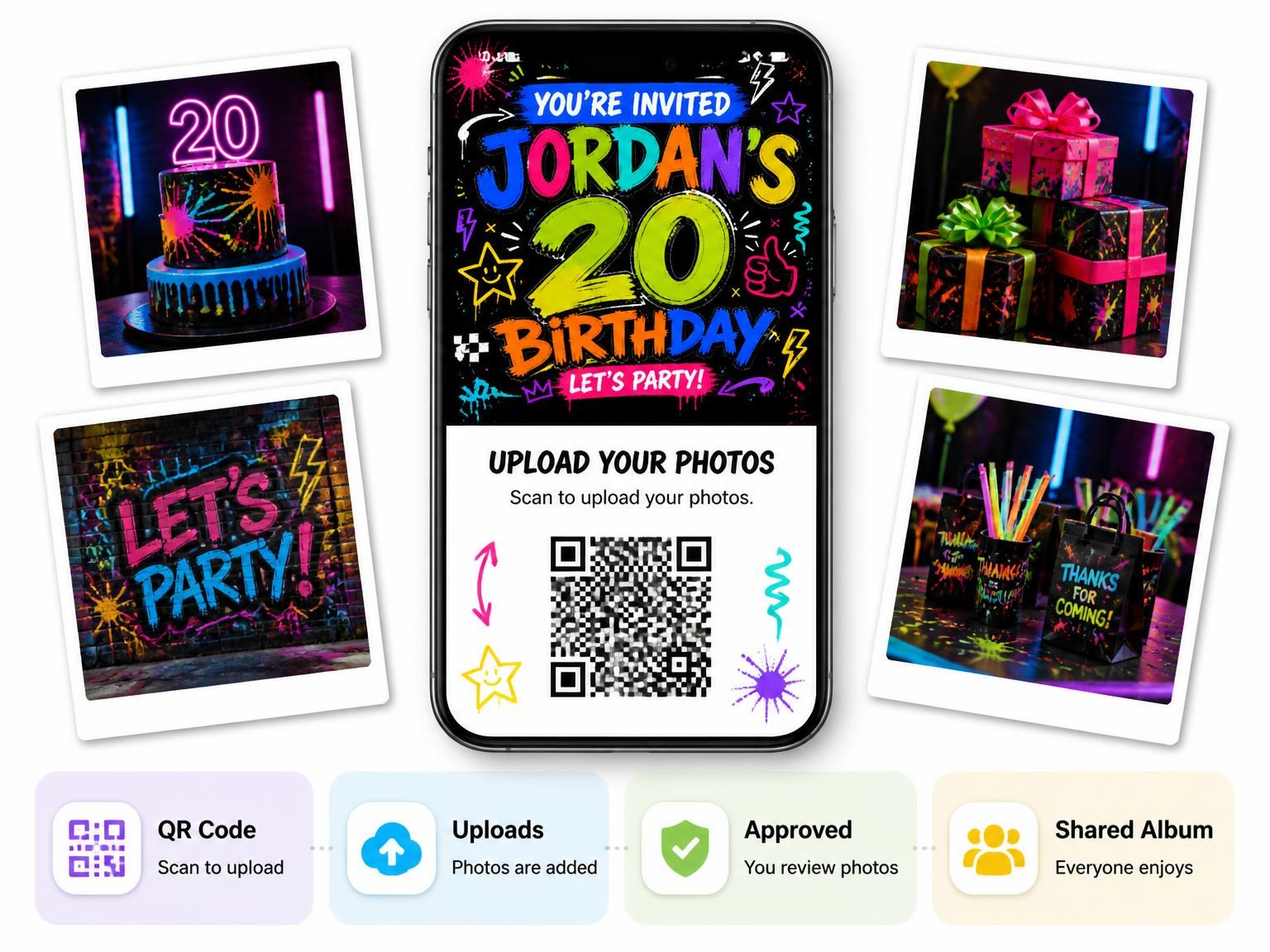 The shared photo gallery that comes with the Graffiti Street Art 20th Birthday Invitation invitation