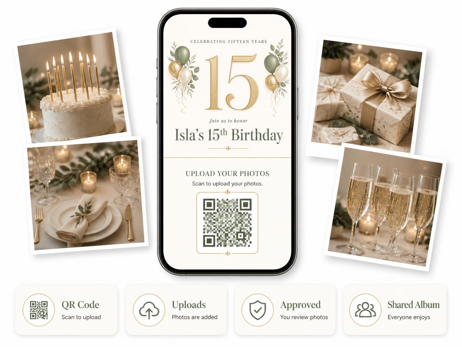 The shared photo gallery that comes with the Sage and Ivory 15th Birthday Invitation invitation