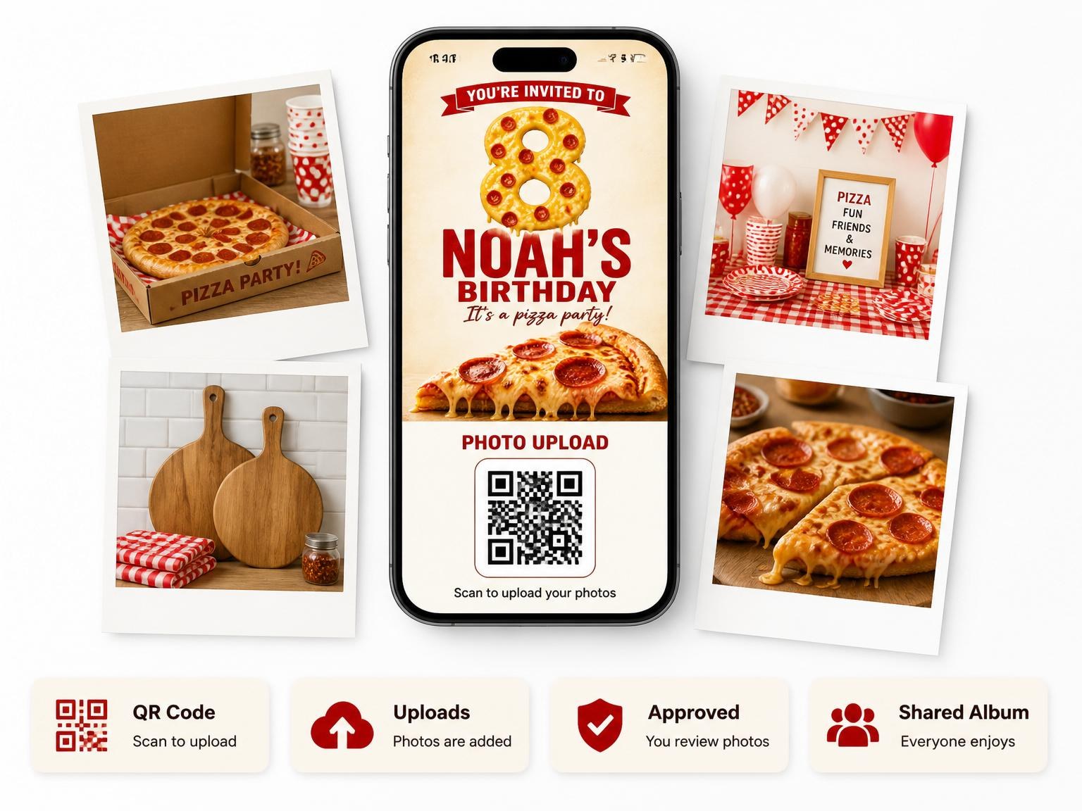 The shared photo gallery that comes with the Pepperoni Pizza Number 8 Birthday invitation