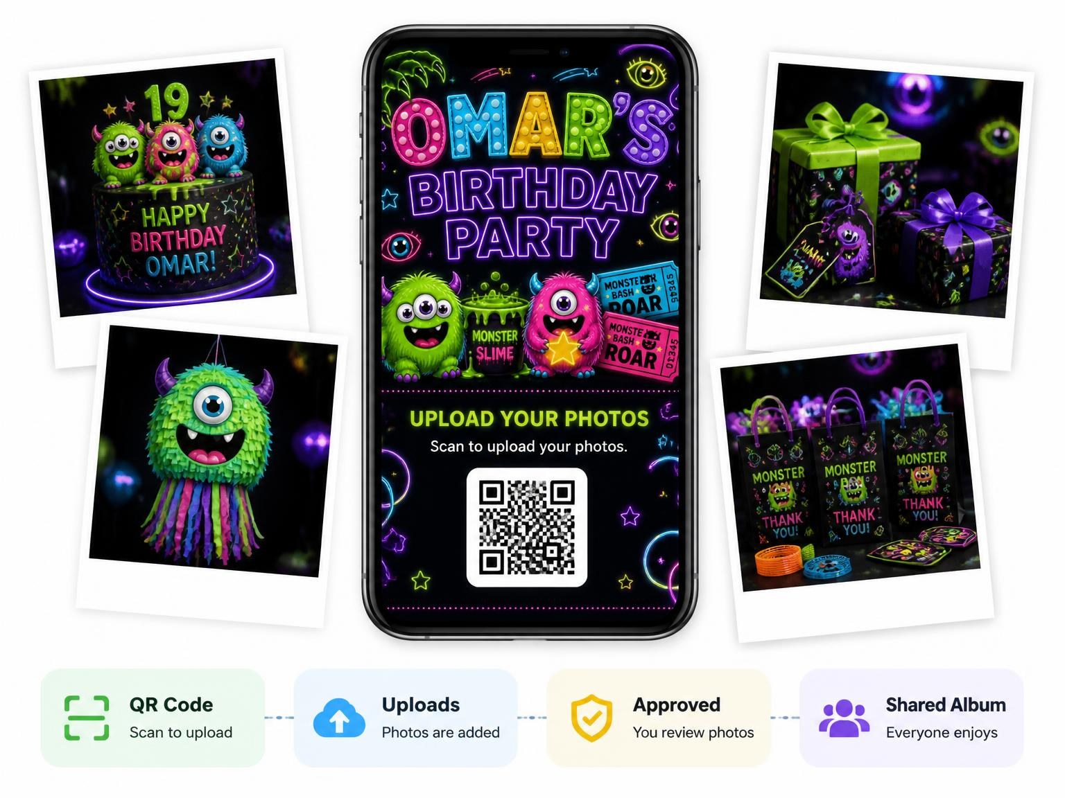 The shared photo gallery that comes with the Neon Monster 19th Birthday Invitation invitation