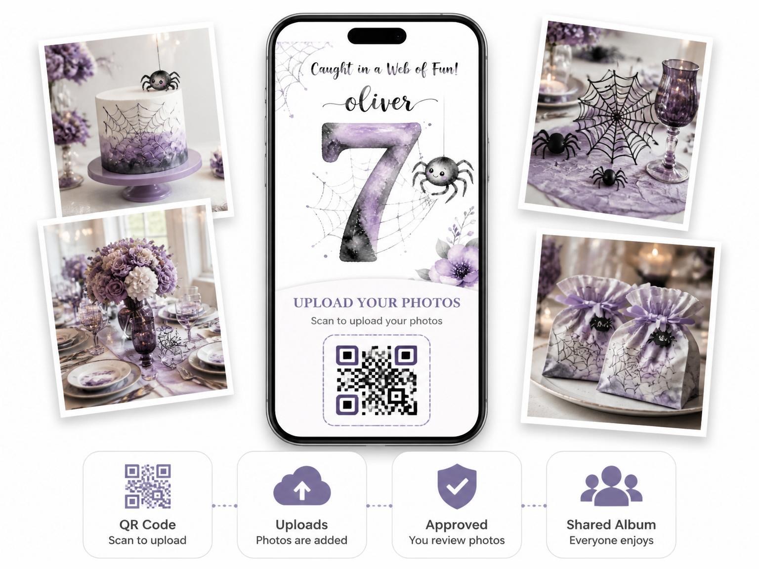 The shared photo gallery that comes with the Caught in a Web of Fun 7th Birthday invitation