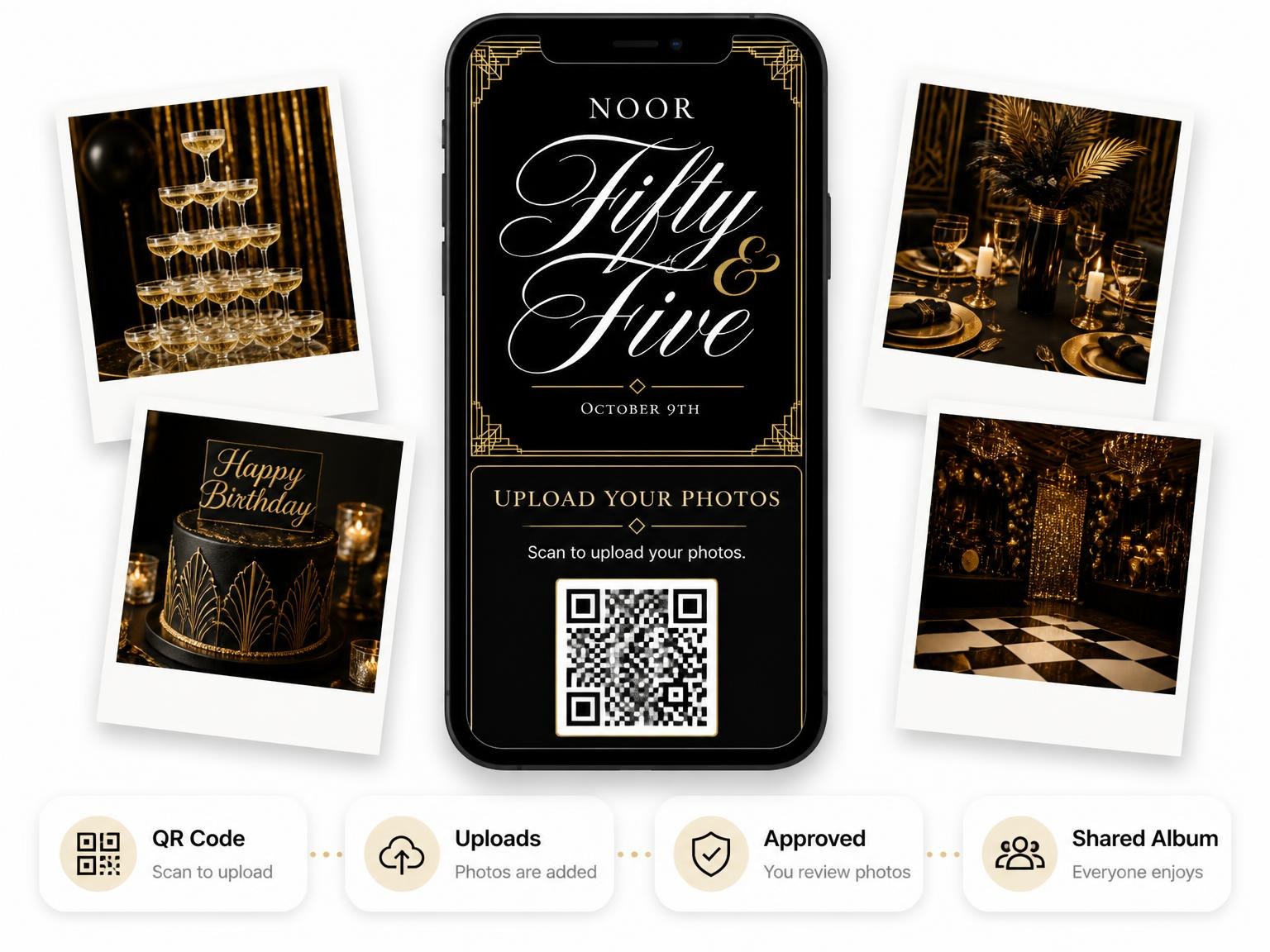 The shared photo gallery that comes with the Art Deco 55th Birthday Invitation invitation
