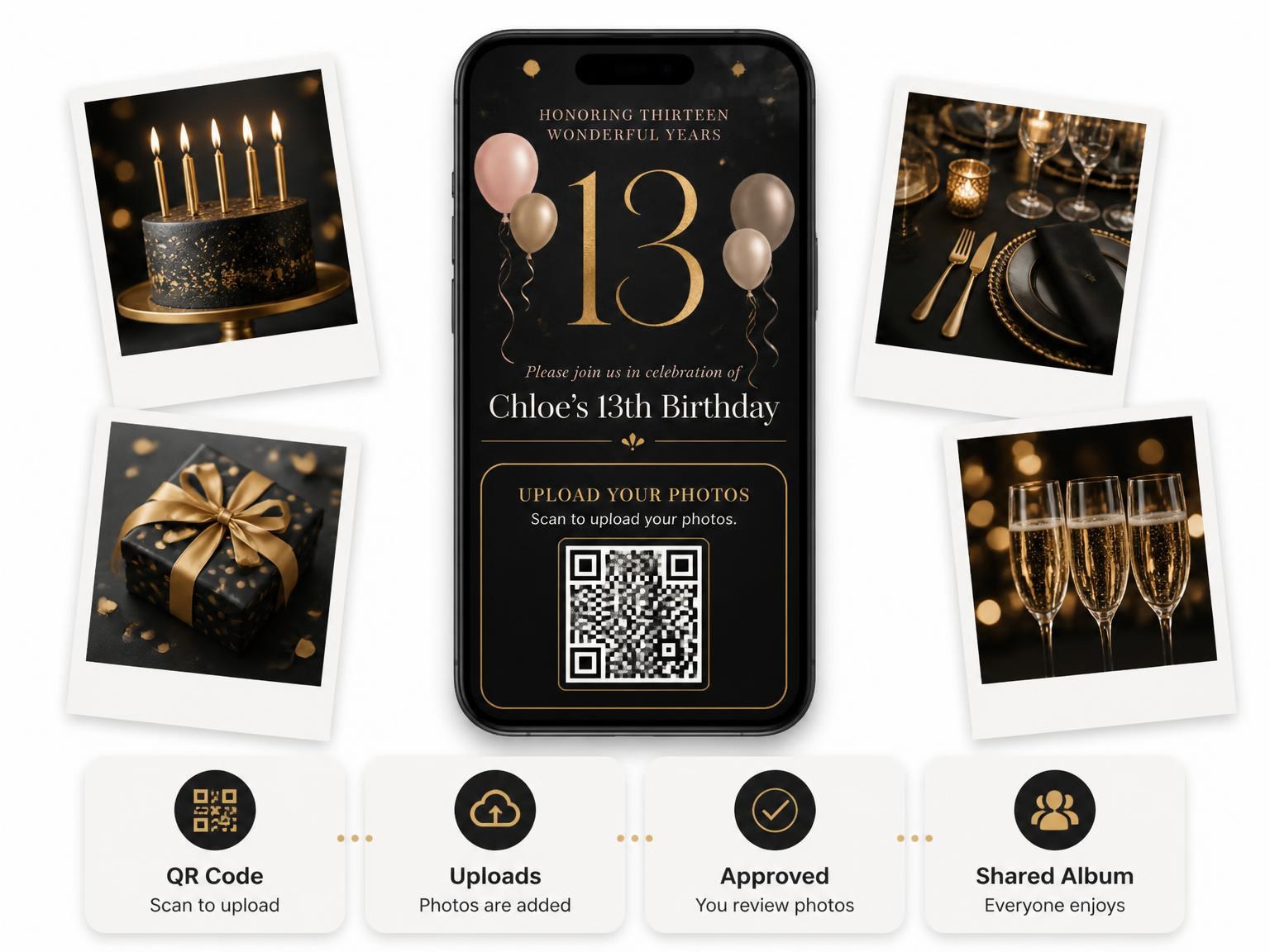 The shared photo gallery that comes with the Charcoal and Blush 13th Birthday Invitation invitation