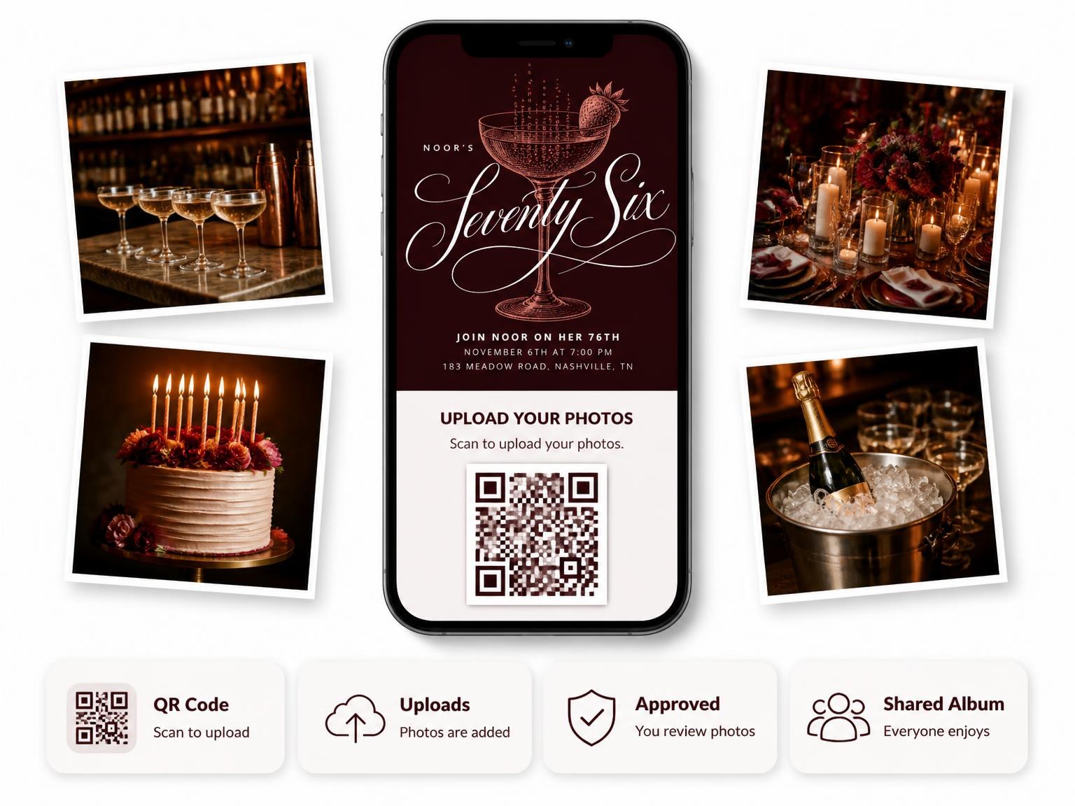 The shared photo gallery that comes with the Burgundy Cocktail 76th Birthday Invitation invitation