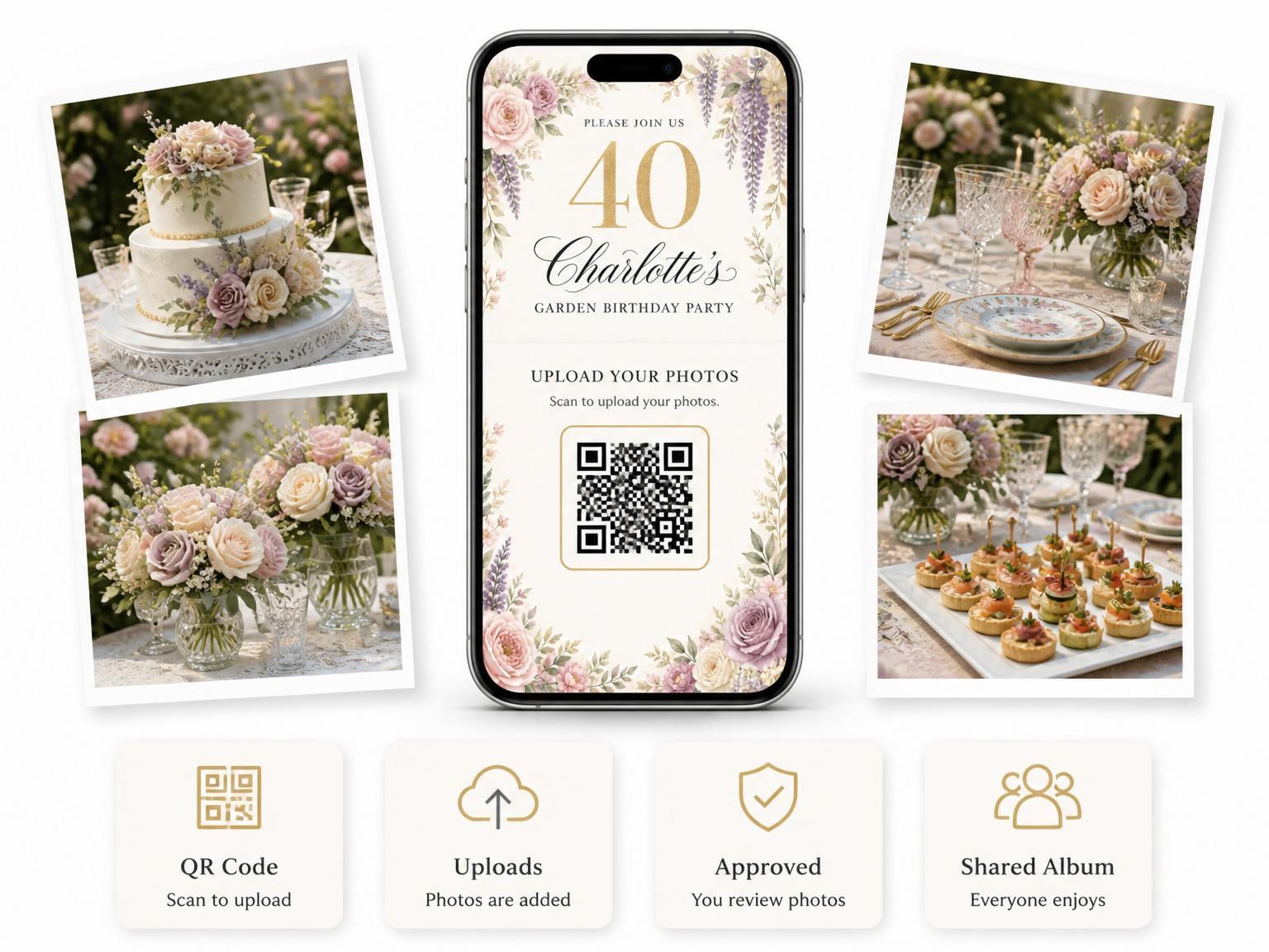 The shared photo gallery that comes with the Gold Foil Wisteria Floral 40th Birthday invitation