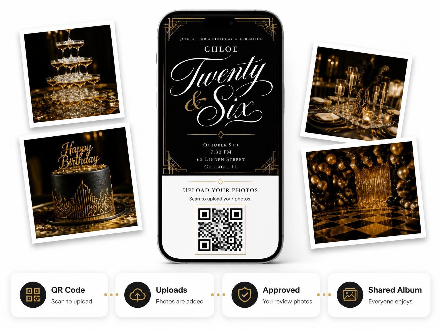 The shared photo gallery that comes with the Art Deco 26th Birthday Invitation invitation