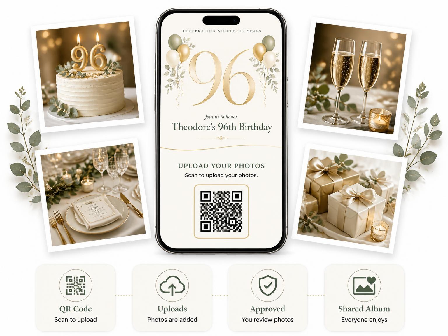 The shared photo gallery that comes with the Sage and Ivory 96th Birthday Invitation invitation