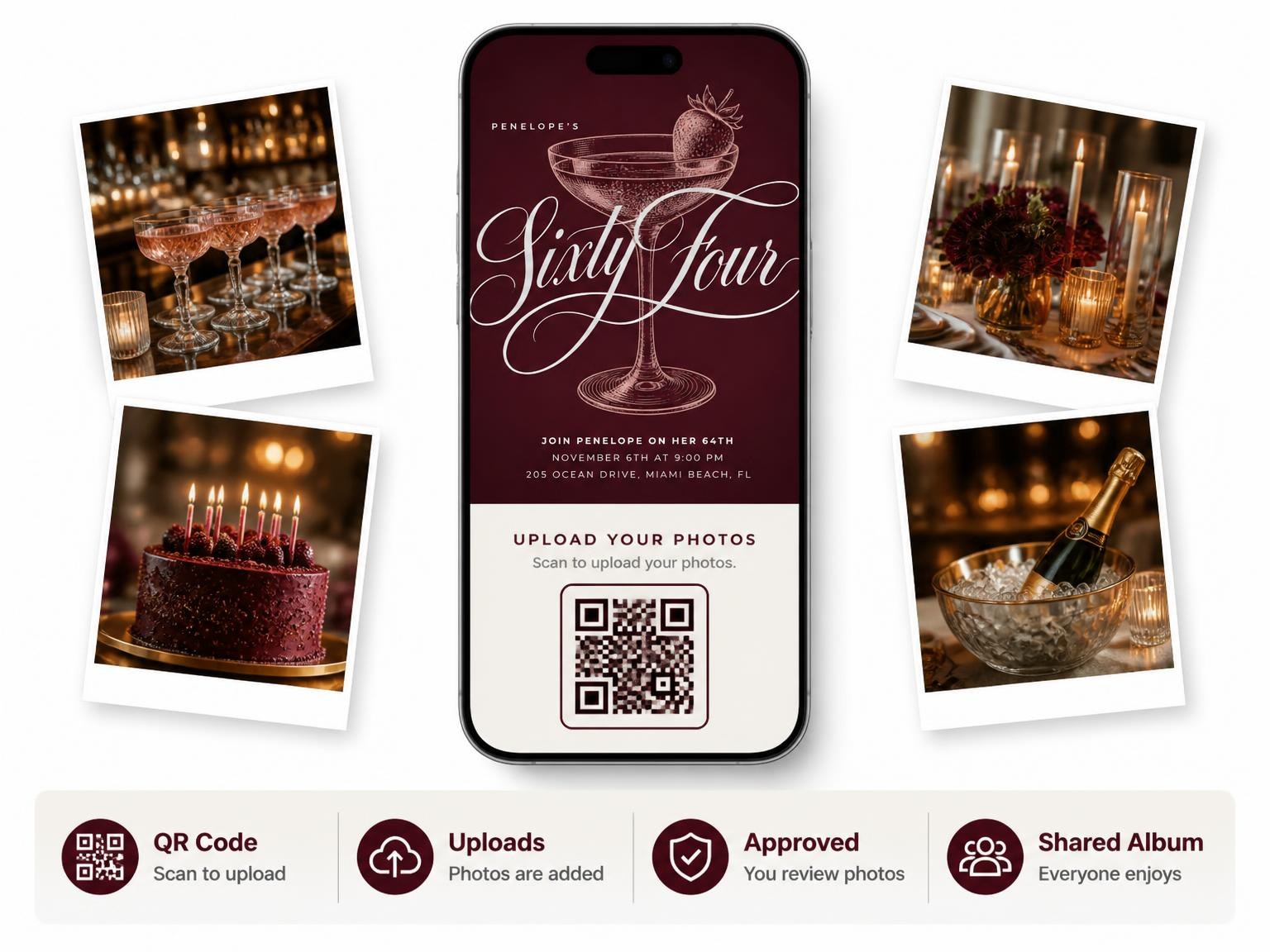 The shared photo gallery that comes with the Burgundy Cocktail 64th Birthday Invitation invitation