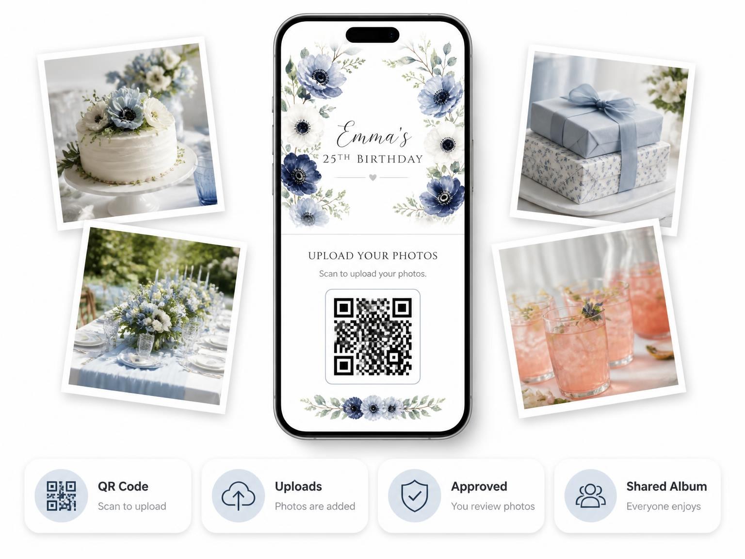 The shared photo gallery that comes with the Anemone Flowers Dusty Blue 25th Birthday Invitation invitation