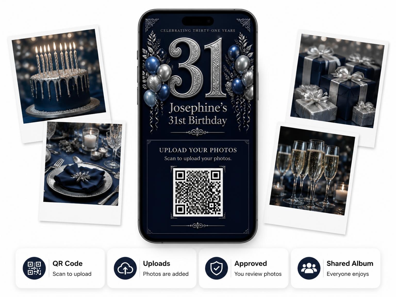 The shared photo gallery that comes with the Navy and Silver 31st Birthday Invitation invitation