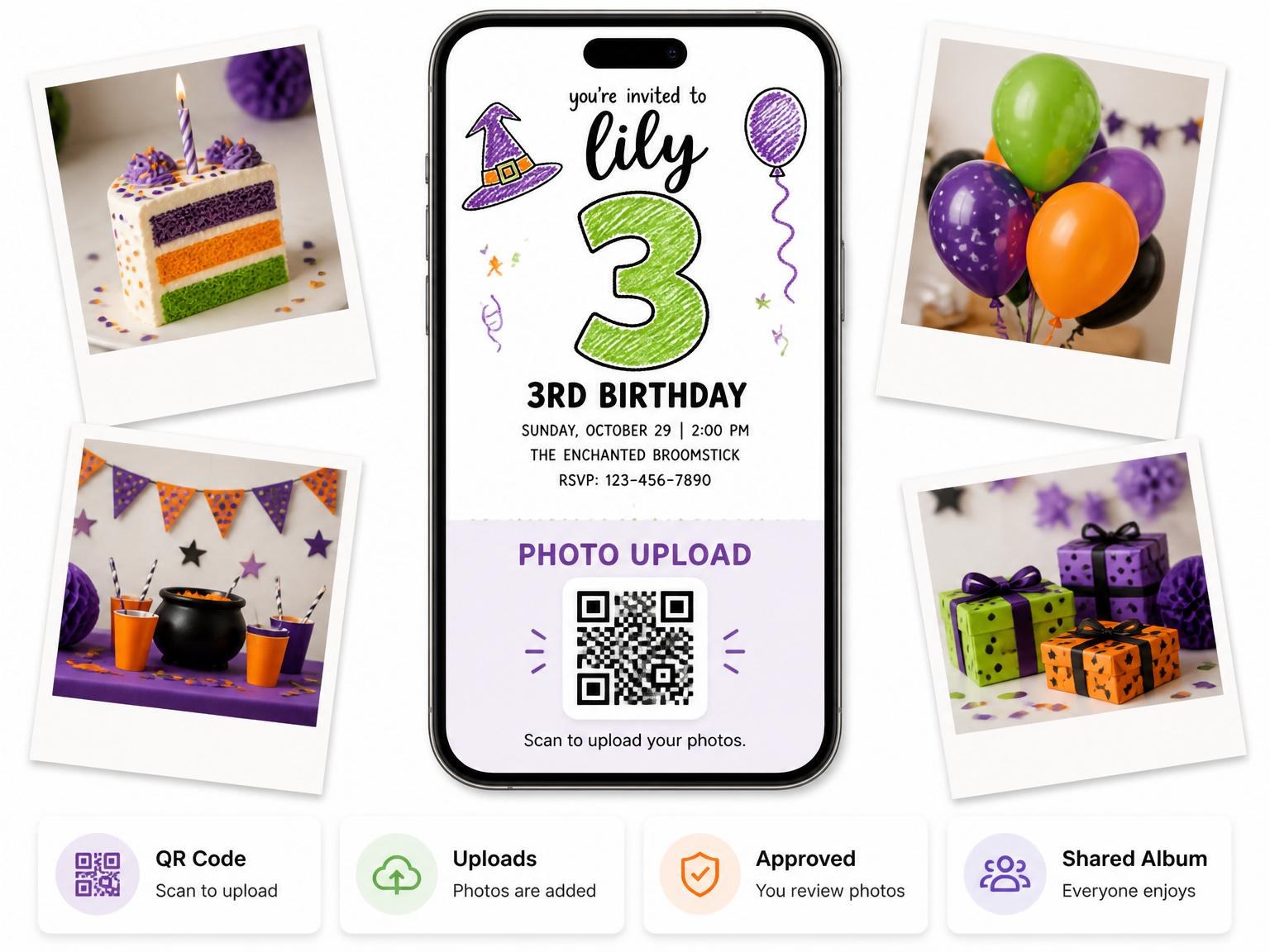The shared photo gallery that comes with the Crayon Witch Hat 3rd Birthday invitation