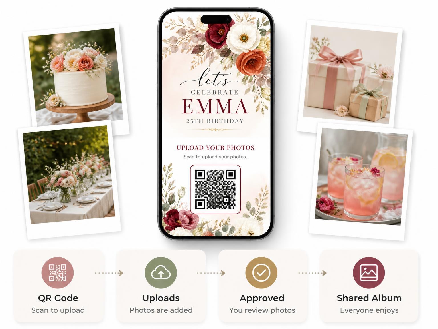 The shared photo gallery that comes with the Floral Bouquets Autumn 25th Birthday Invitation invitation