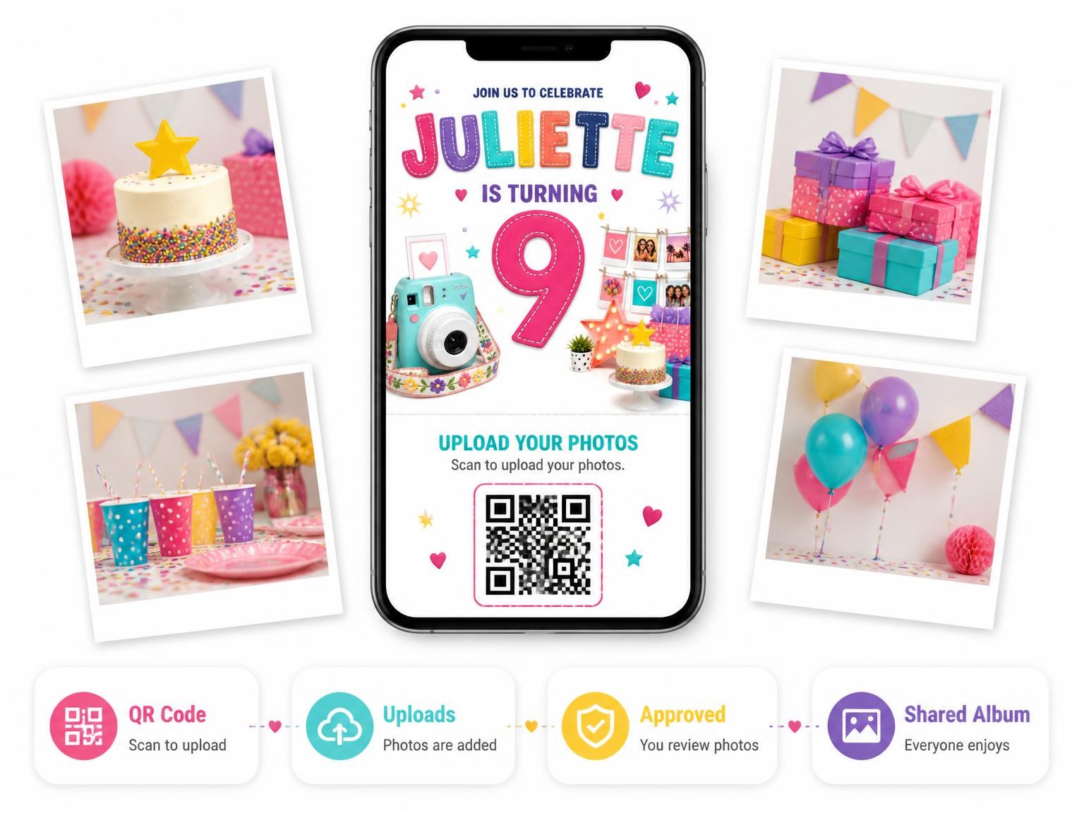 The shared photo gallery that comes with the Clothesline Display 9th Birthday Invitation invitation
