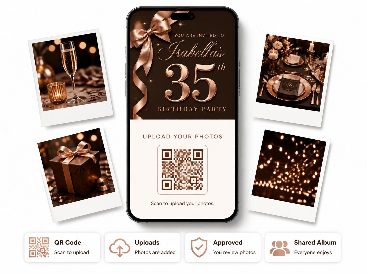 The shared photo gallery that comes with the Rose Gold Ribbon Chocolate 35th Birthday invitation