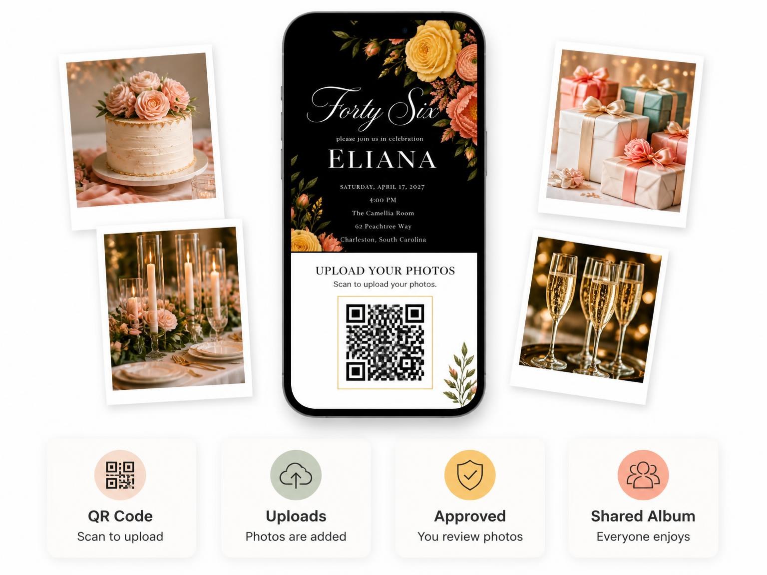 The shared photo gallery that comes with the Black Floral 46th Birthday Invitation invitation