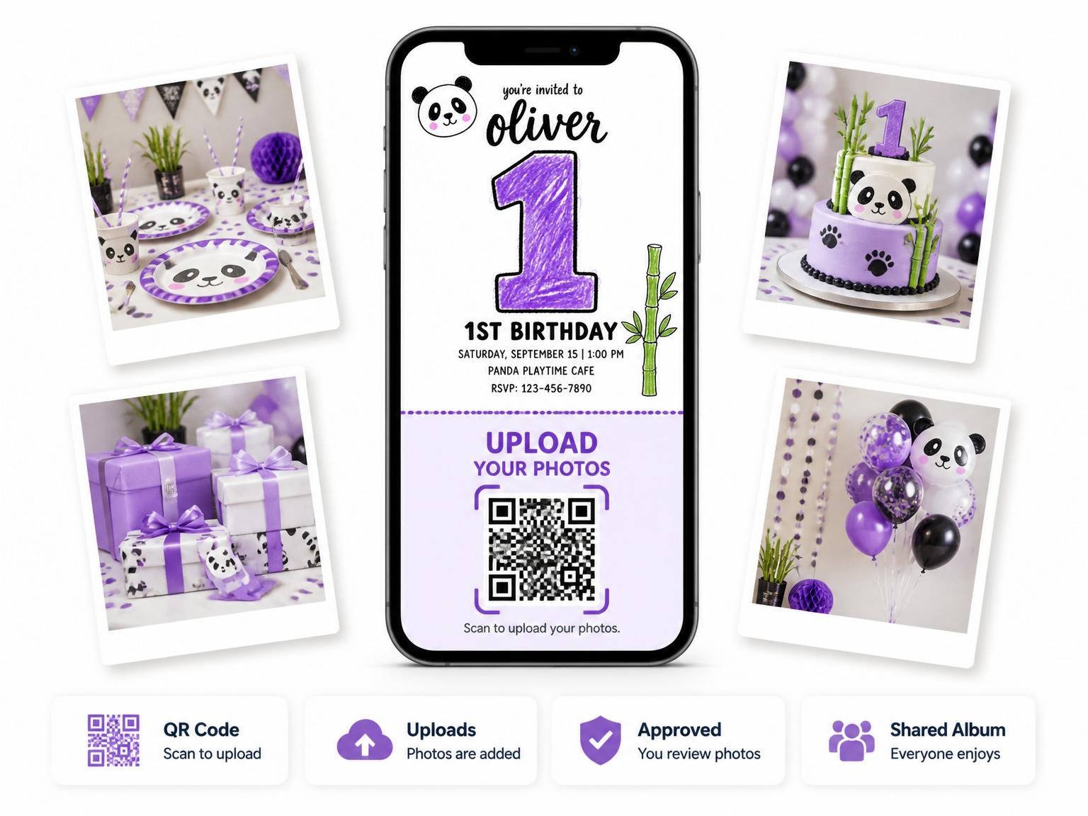 The shared photo gallery that comes with the Crayon Panda Bamboo First Birthday invitation