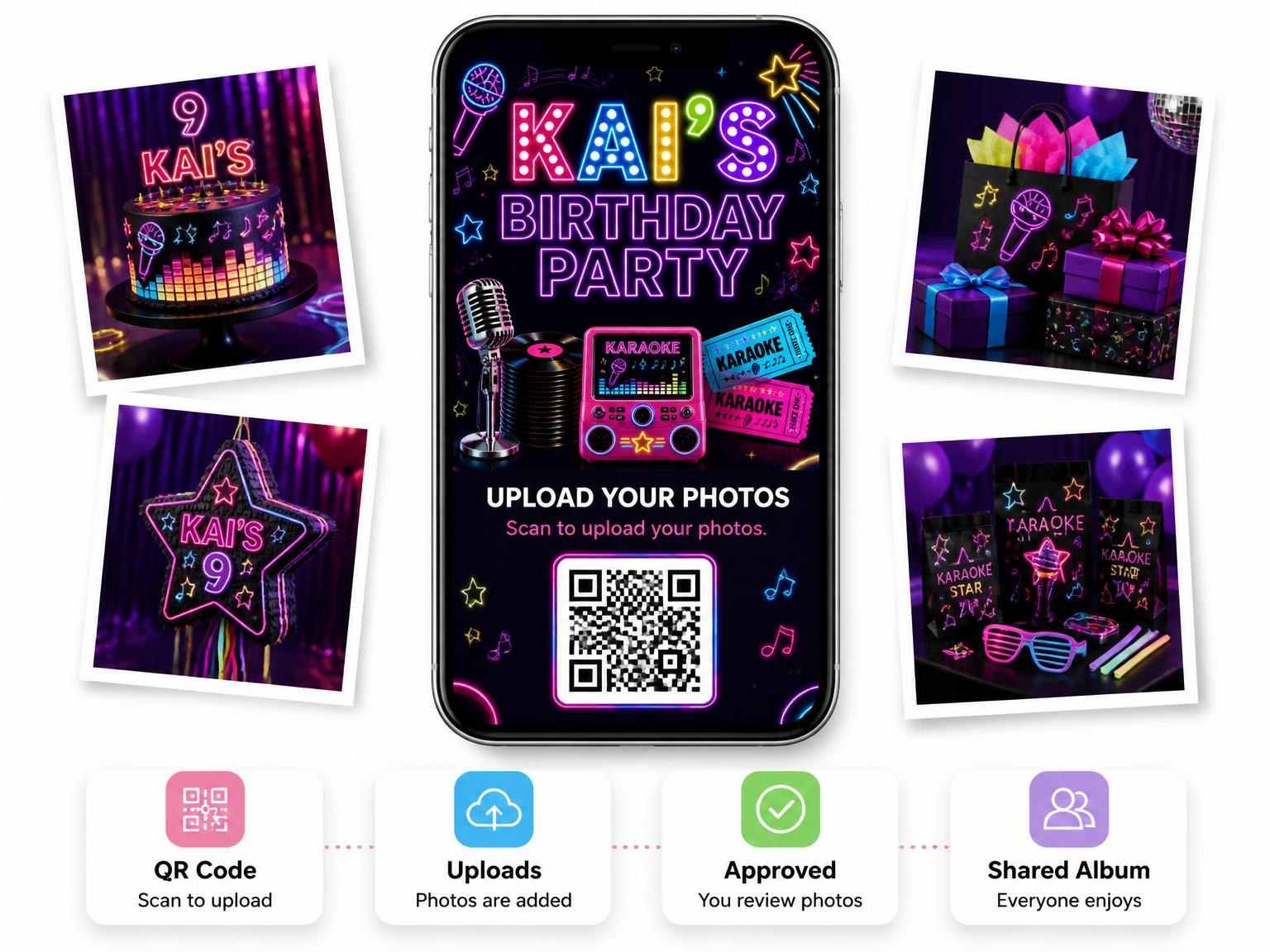 The shared photo gallery that comes with the Neon Karaoke 9th Birthday Invitation invitation