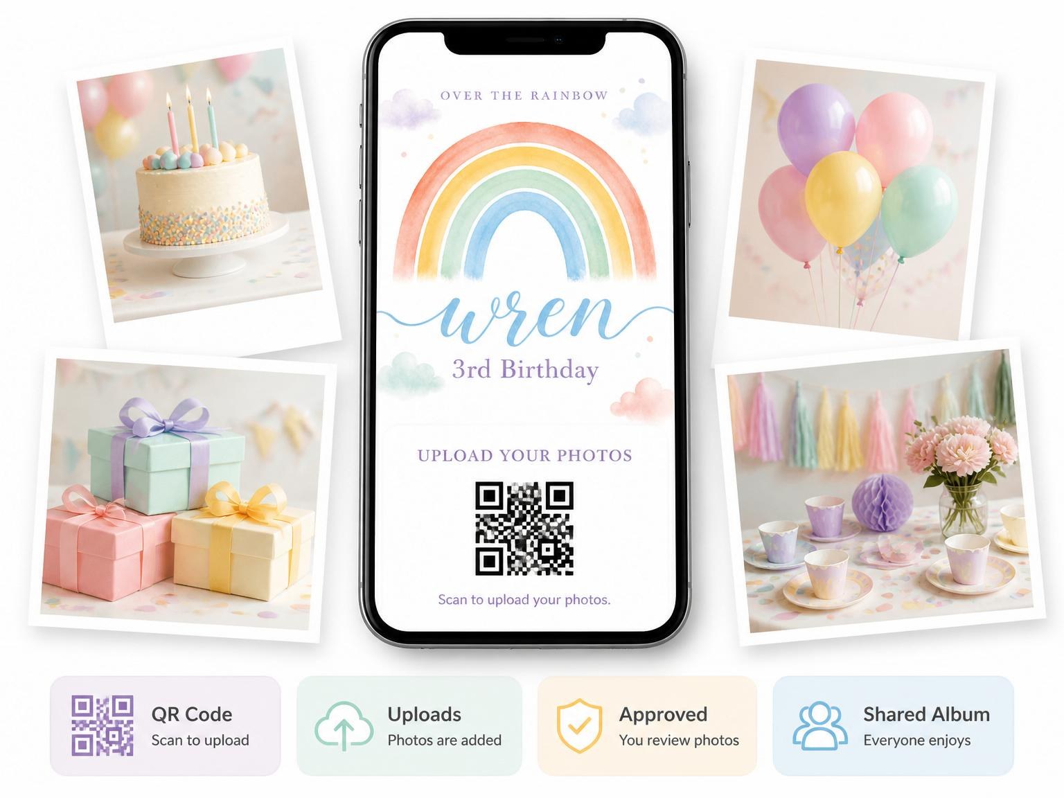 The shared photo gallery that comes with the Pastel Watercolor Rainbow 3rd Birthday Invitation invitation