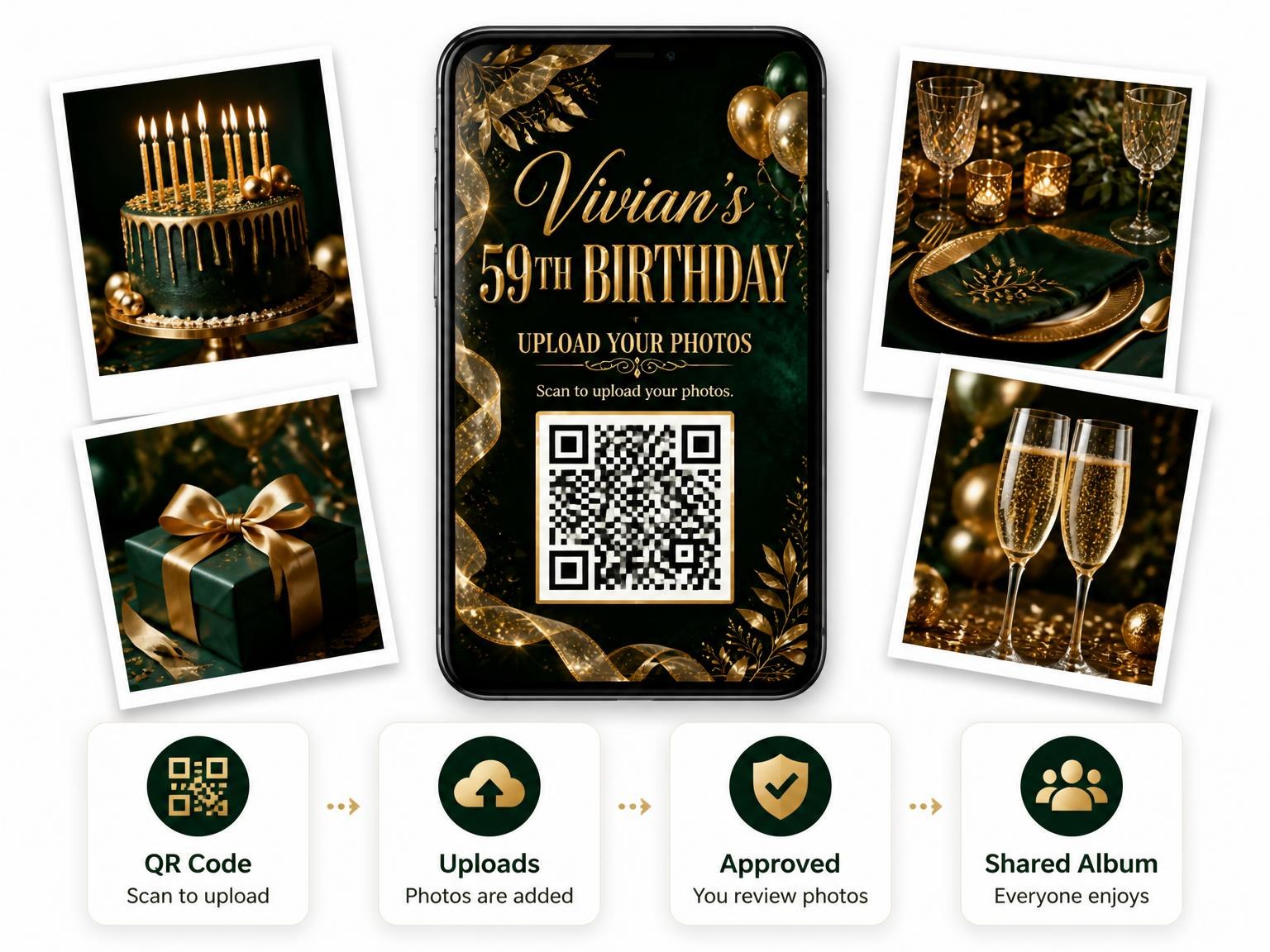 The shared photo gallery that comes with the Emerald and Champagne 59th Birthday Invitation invitation