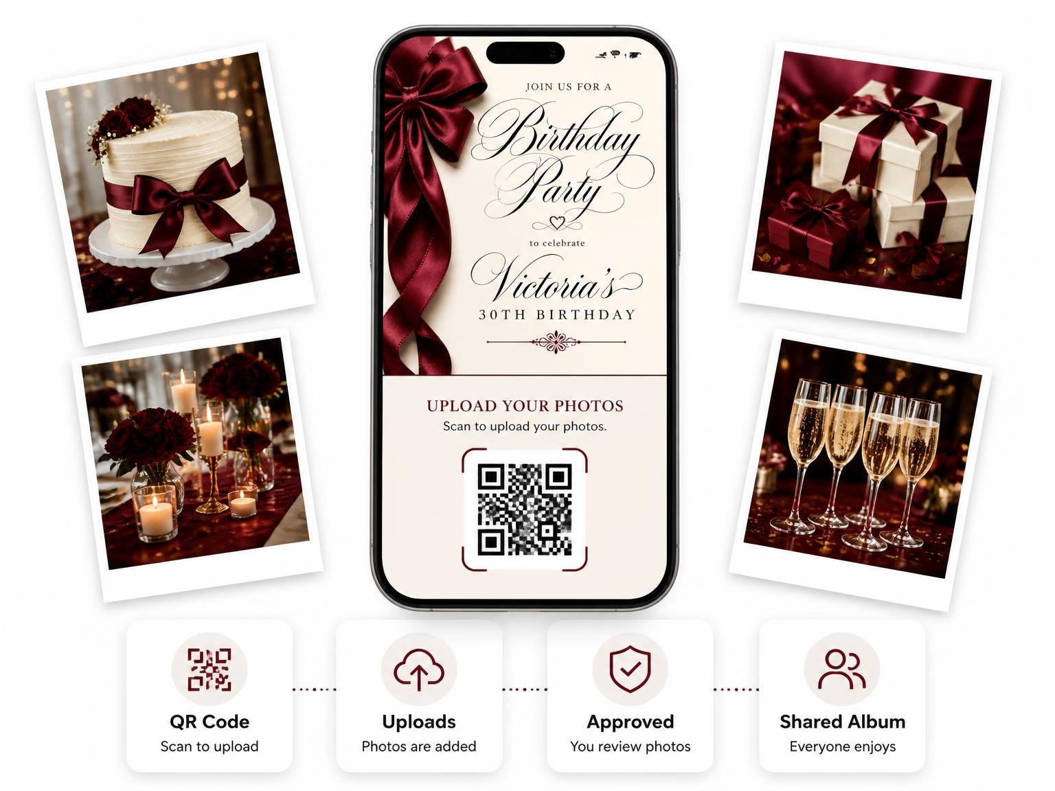The shared photo gallery that comes with the Burgundy Satin Bow 30th Birthday Invitation invitation