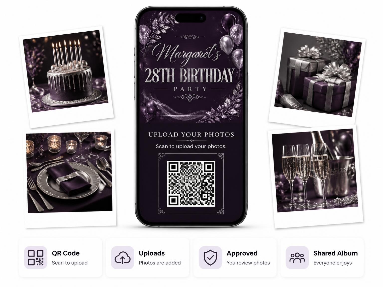 The shared photo gallery that comes with the Plum and Silver 28th Birthday Invitation invitation