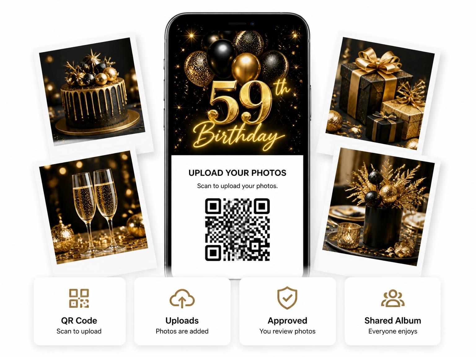 The shared photo gallery that comes with the Black and Gold Balloon 59th Birthday invitation