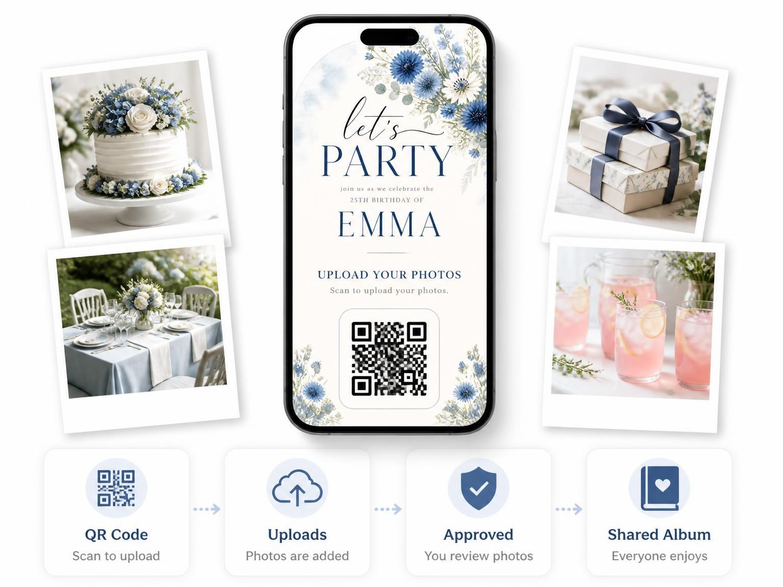 The shared photo gallery that comes with the Floral Bouquet Dusty Blue 25th Birthday Invitation invitation