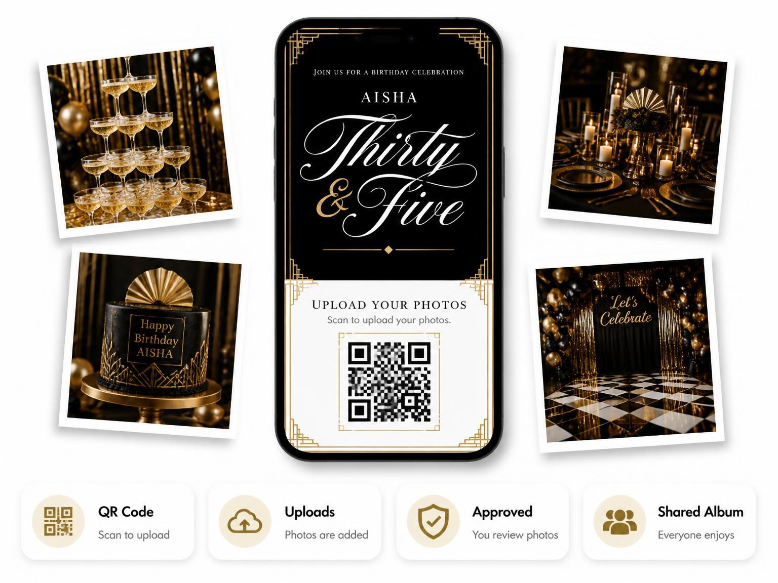 The shared photo gallery that comes with the Art Deco 35th Birthday Invitation invitation