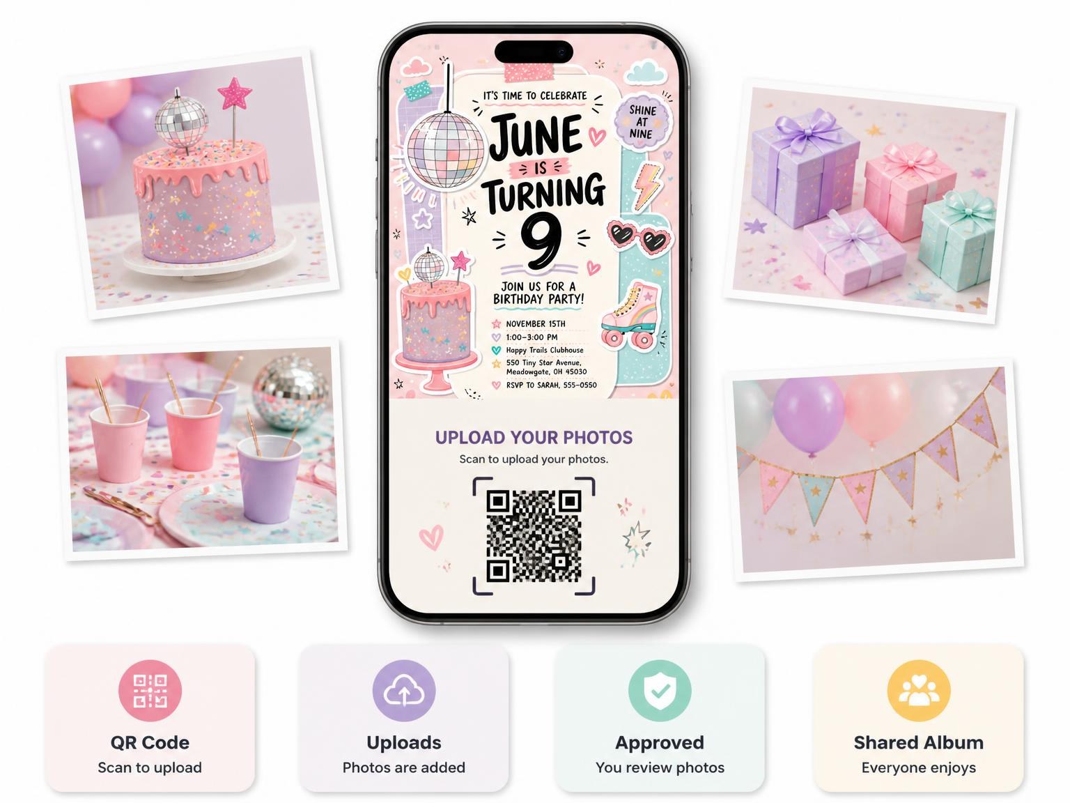 The shared photo gallery that comes with the Disco Ball Pastel 9th Birthday Invitation invitation