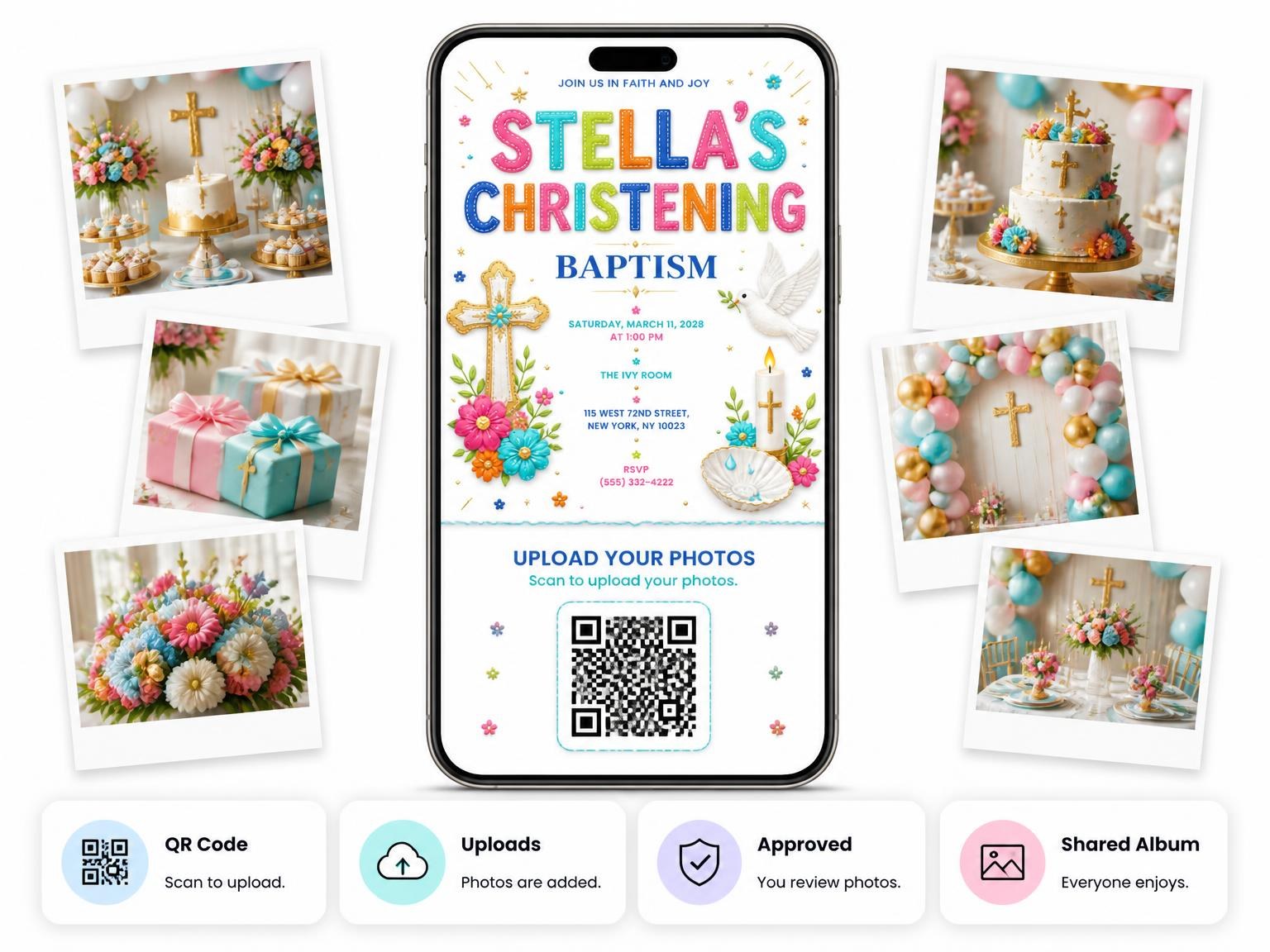 The shared photo gallery that comes with the Ornate Cross Christening Invitation invitation