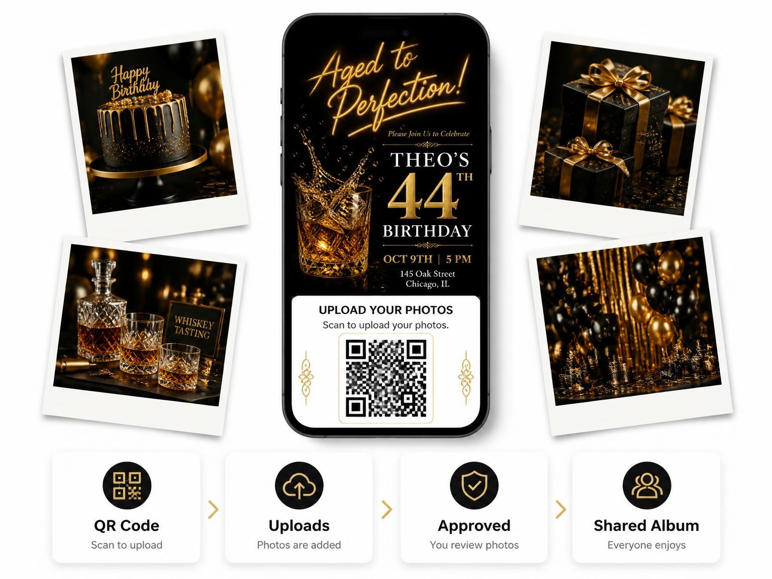 The shared photo gallery that comes with the Whiskey Tumbler 44th Birthday Invitation invitation