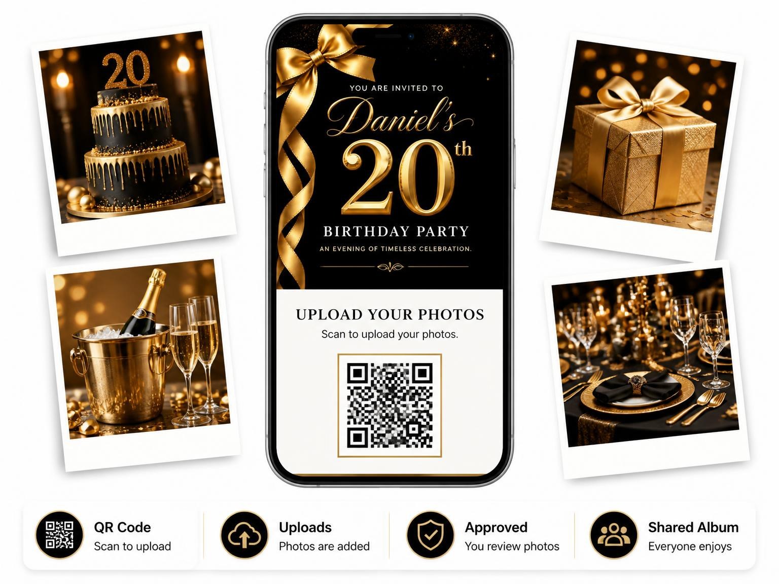 The shared photo gallery that comes with the Black and Gold Ribbon 20th Birthday invitation