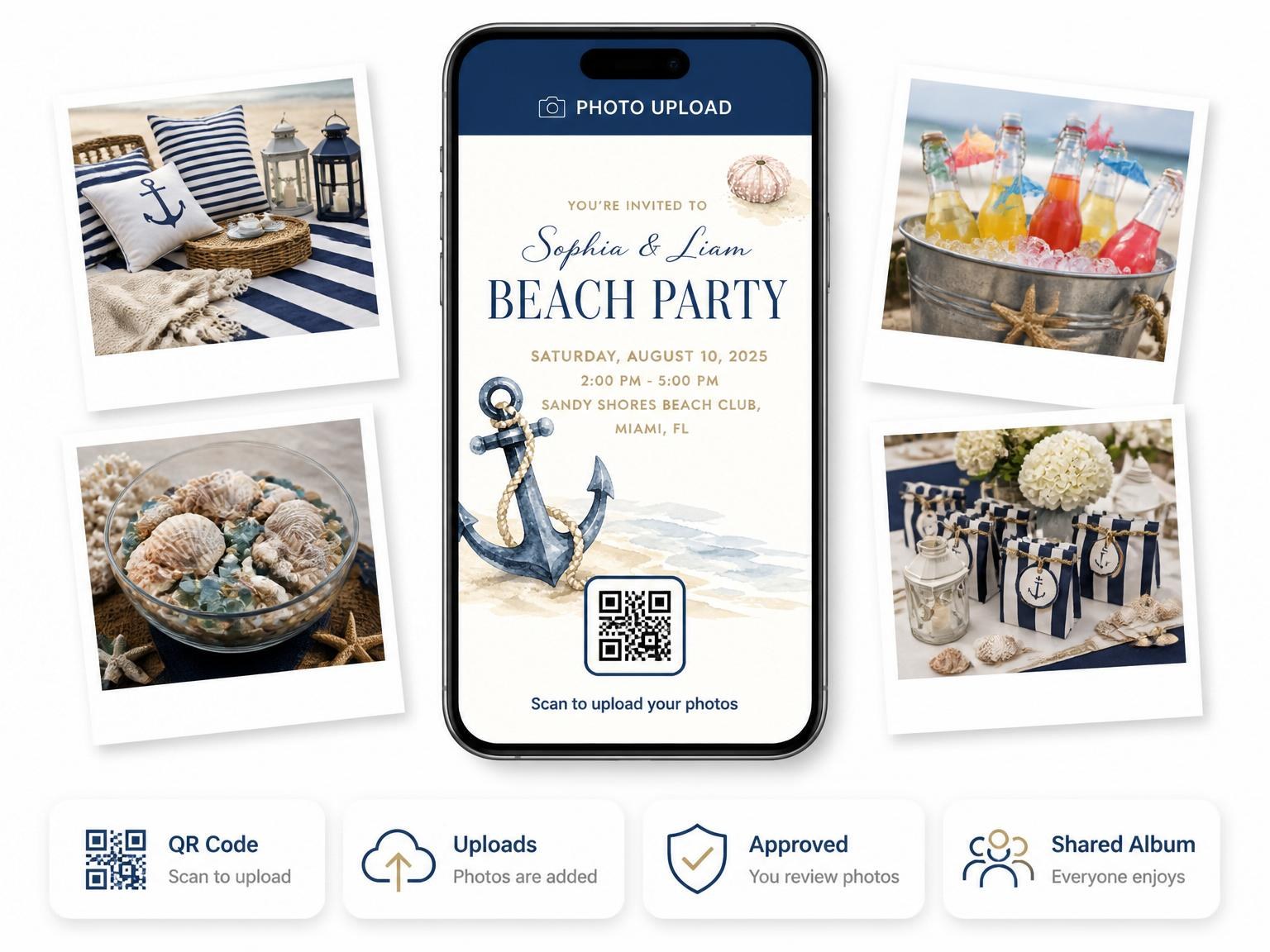 The shared photo gallery that comes with the Watercolor Nautical Anchor Beach Party invitation