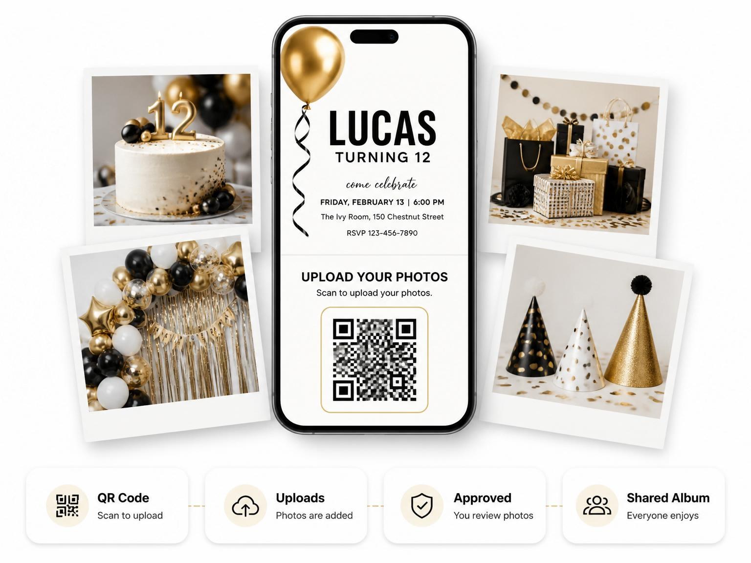 The shared photo gallery that comes with the Metallic Gold Balloon Birthday Invitation invitation