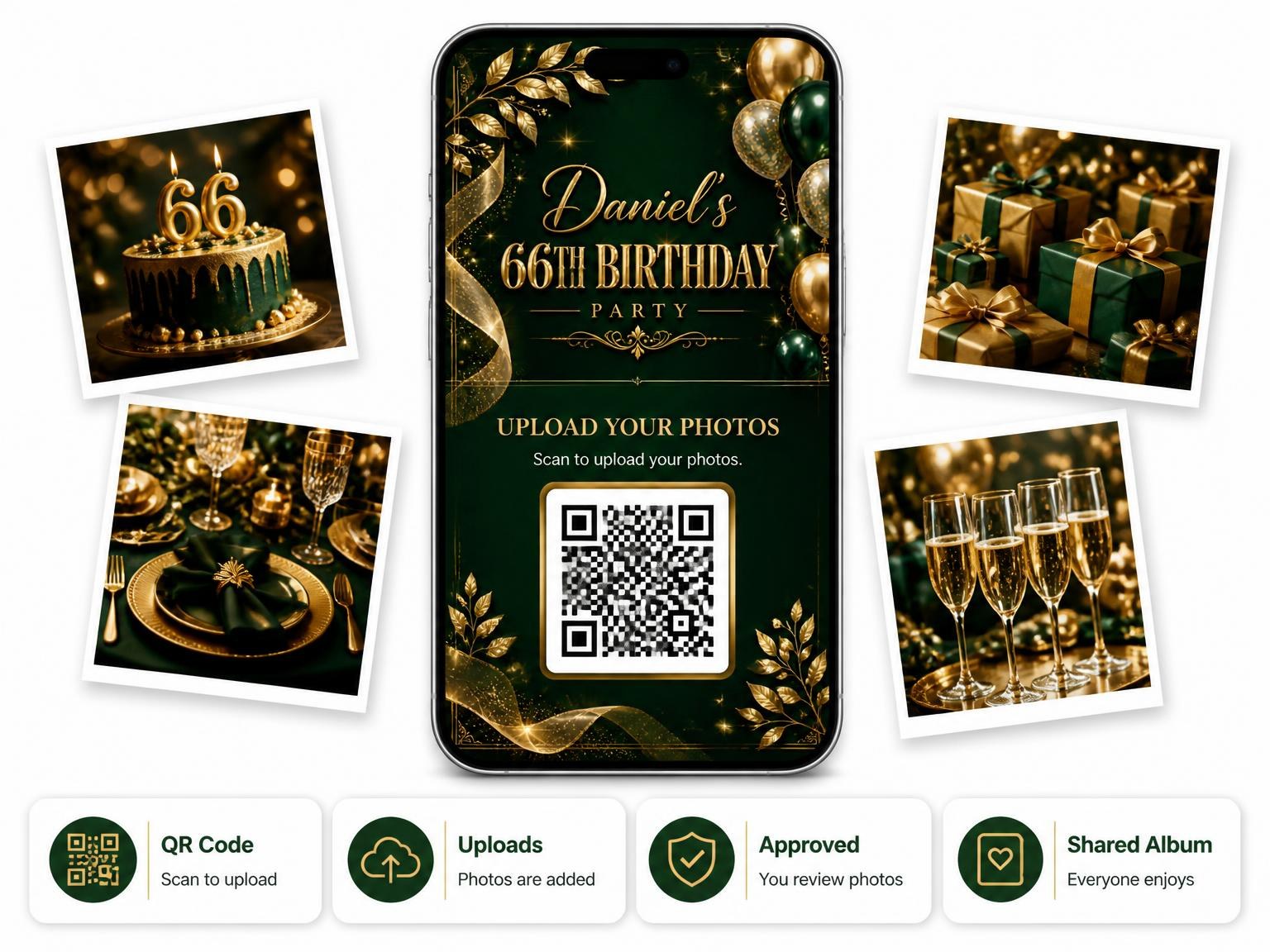 The shared photo gallery that comes with the Emerald and Champagne 66th Birthday Invitation invitation