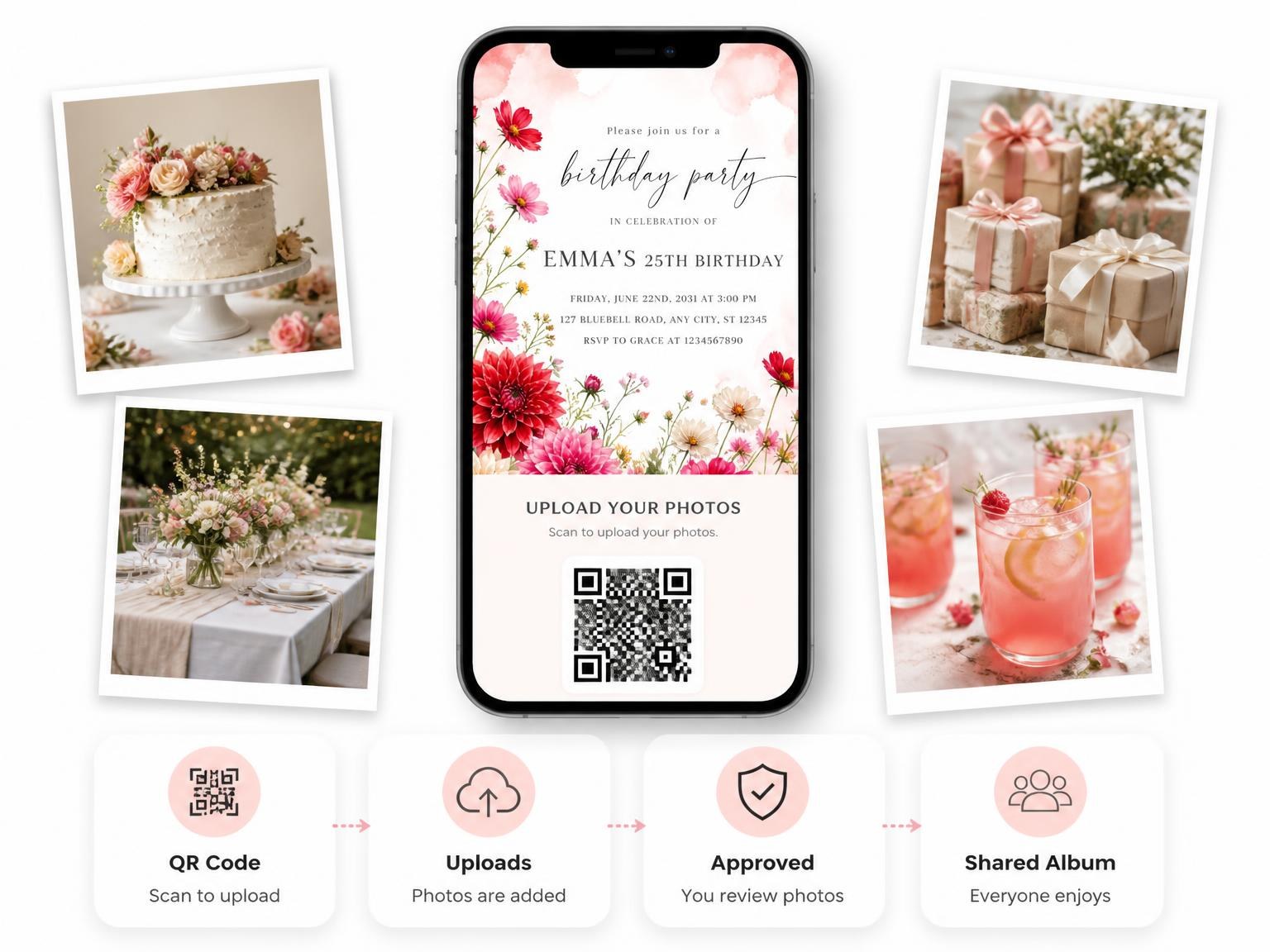 The shared photo gallery that comes with the Blush Wash Scarlet 25th Birthday Invitation invitation