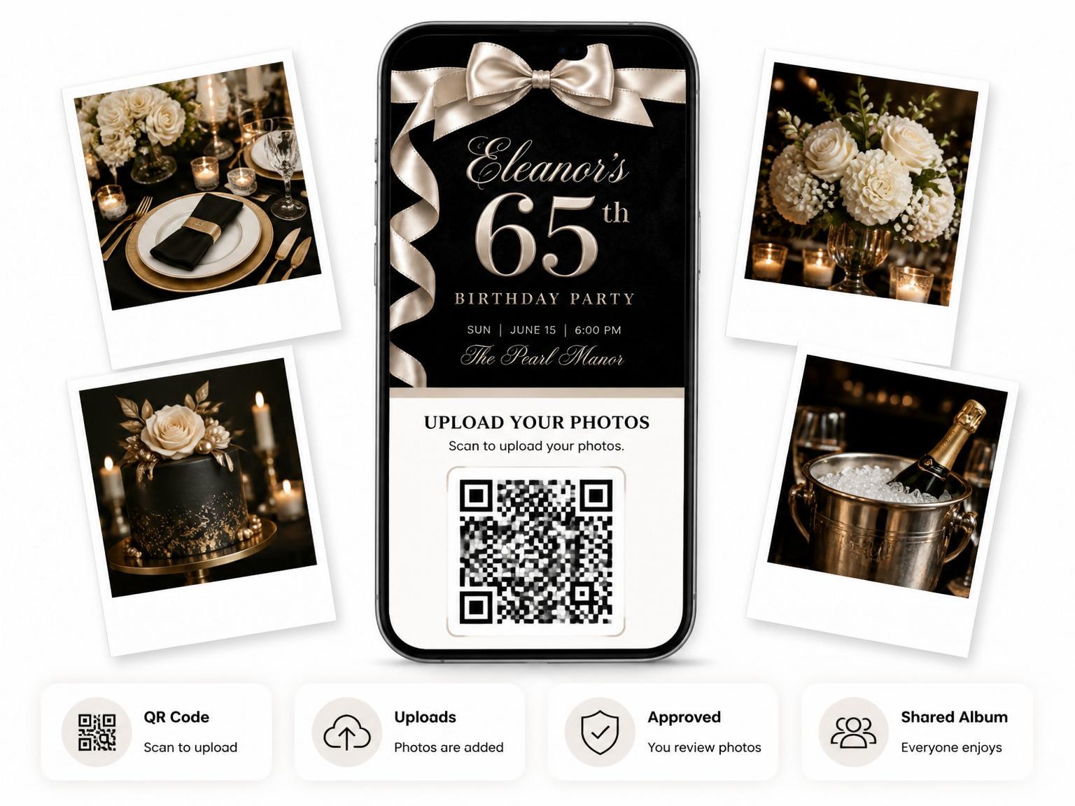The shared photo gallery that comes with the Champagne Silk Ribbon 65th Birthday invitation