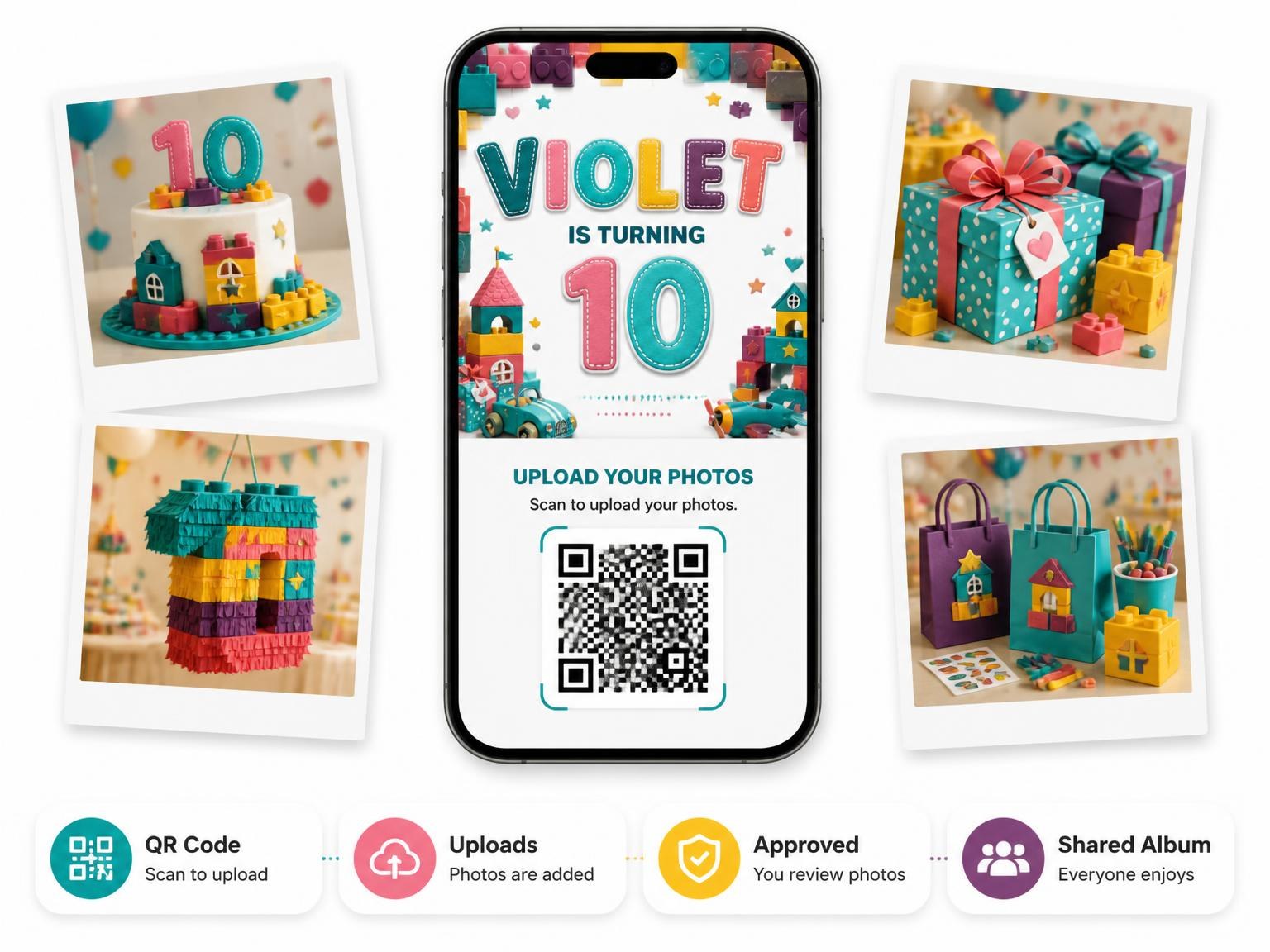 The shared photo gallery that comes with the Stitched Toy Blocks 10th Birthday Invitation invitation